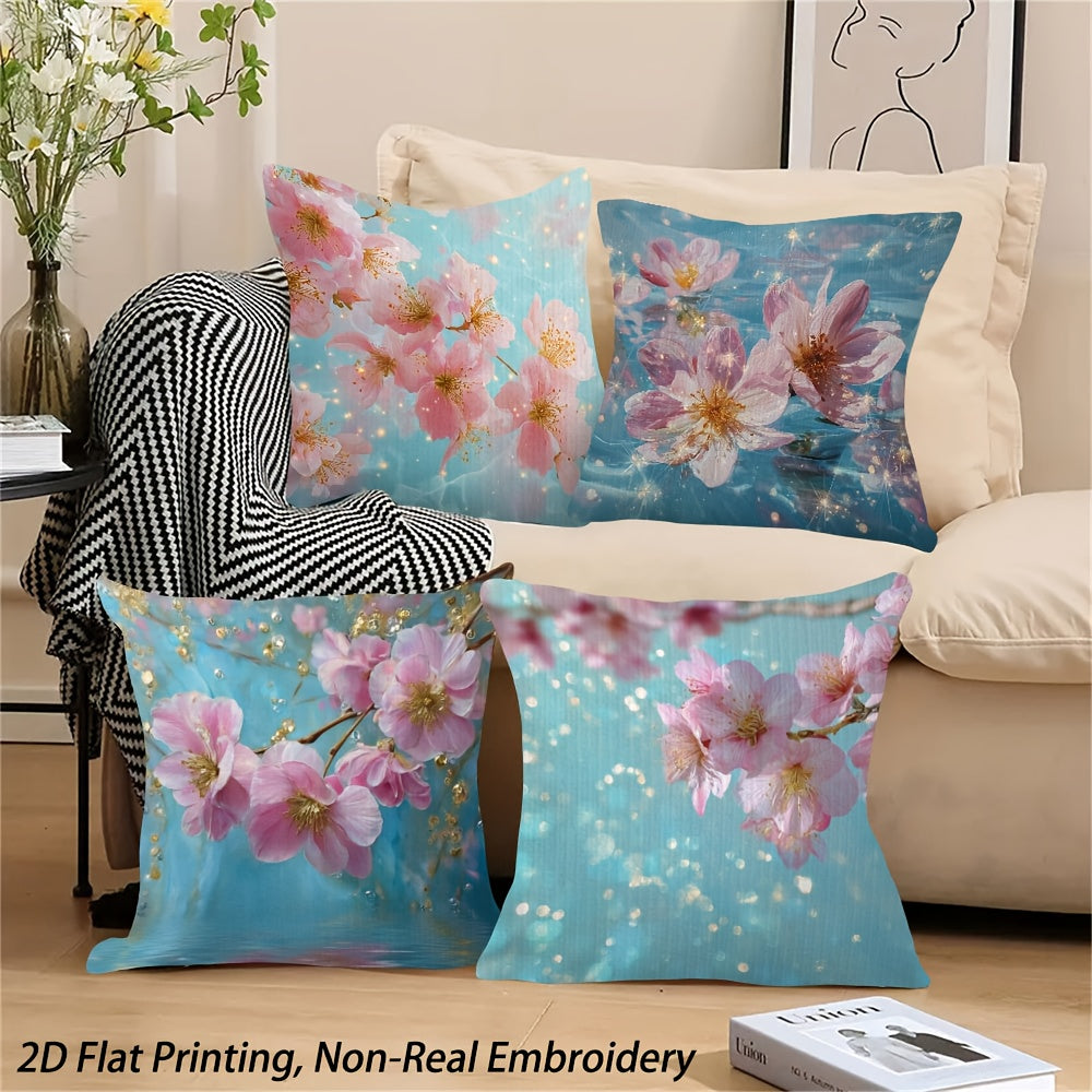 4pcs Peach Blossom Floral Throw Pillow Covers - Contemporary Art Style, Non-Real Embroidery, Machine Washable, Zippered, Double-Sided Print for Living Room, Bed, Office, Car, Sofa Decor - No Inserts, Polyester 100., Bedroom Decor | Contemporary Style |