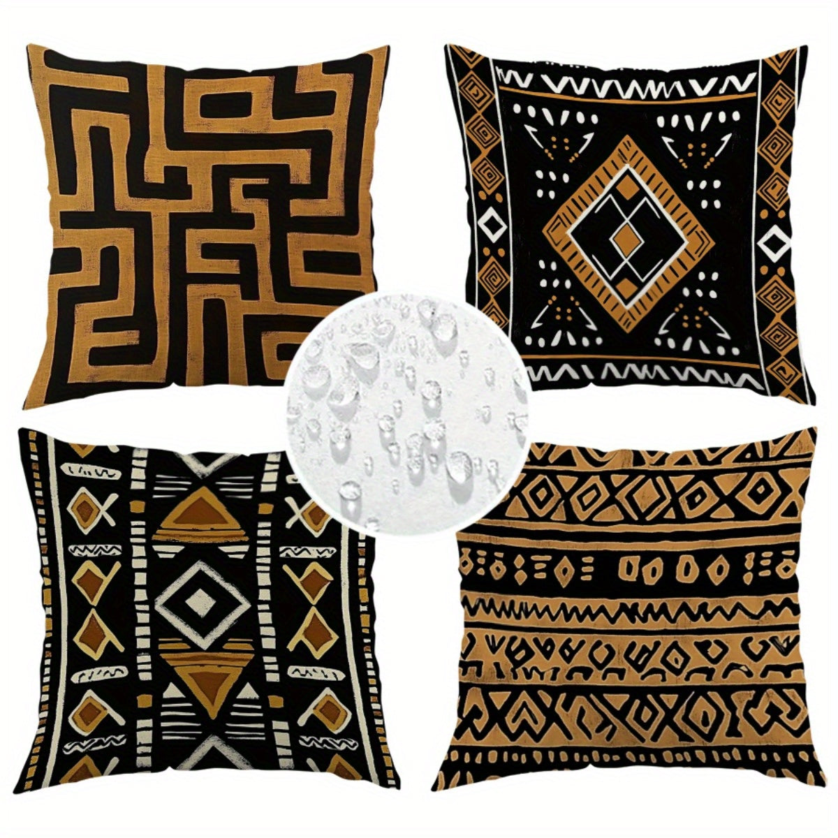 4pcs African Tribal Print Decorative Pillow Covers - Double-Sided Polyester with Zipper Closure, Machine Washable Indoor/Outdoor Sofa Bed Couch Pillowcases, Black & Golden Geometric Patterns (No Insert), Couch Pillow Covers