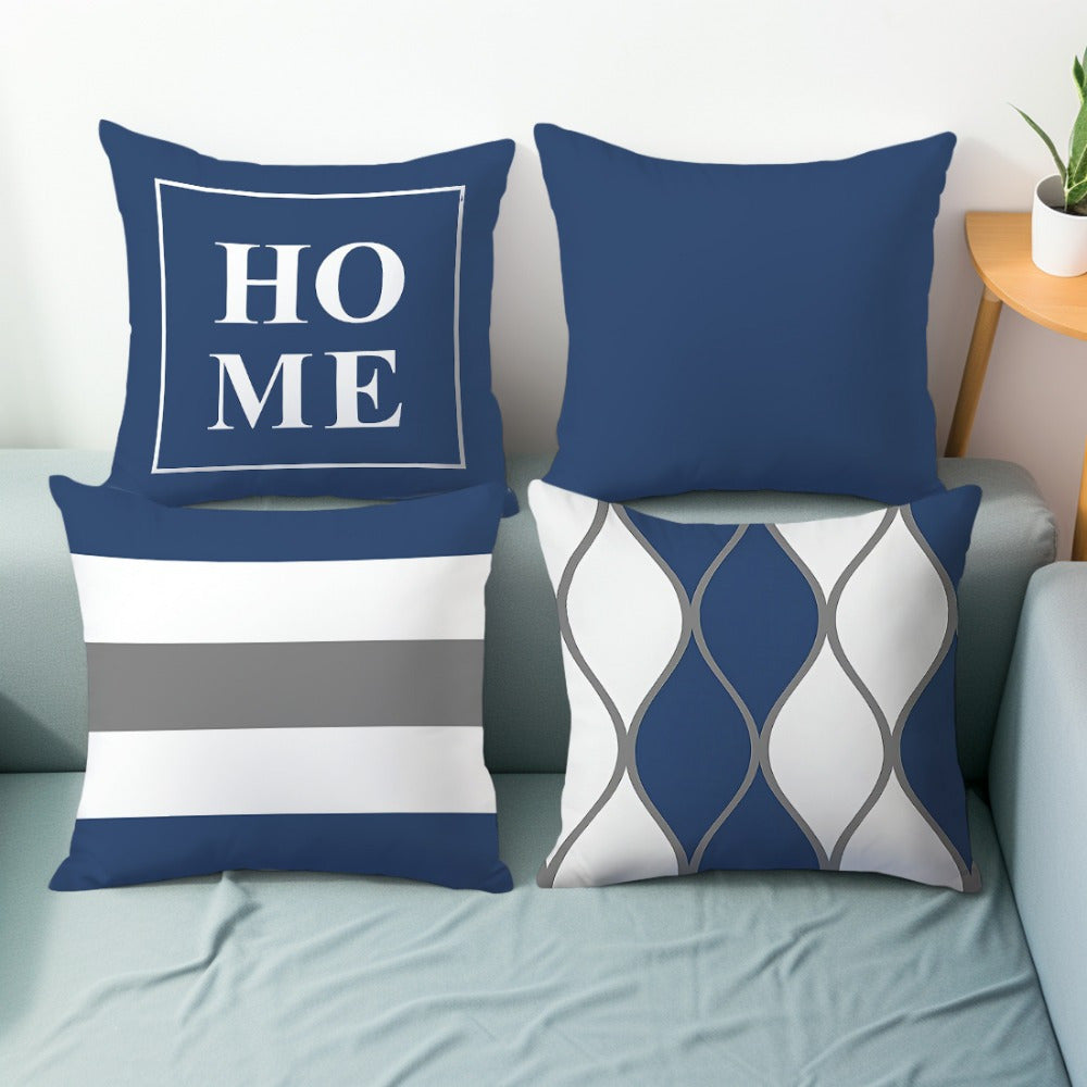 4pcs Modern Style Navy Blue Geometric Stripe Print Pink Polyester Cushion Cover Sofa Pillowcase Without Insert Double-sided Print 14x14 16x16 18x18 20x20inch