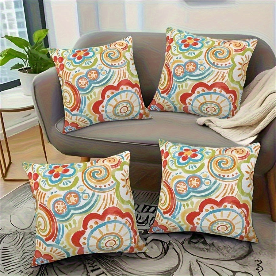 4pcs Retro Geometric Floral Print Pillow Covers - Double-Sided 2D Printed Soft Plush Cushion Covers with Zipper Closure, Machine Washable, Multiple Sizes for Living Room, Bedroom, Sofa Decor, Decorative Pillow Covers, Bedroom Accessories, Vibrant Home