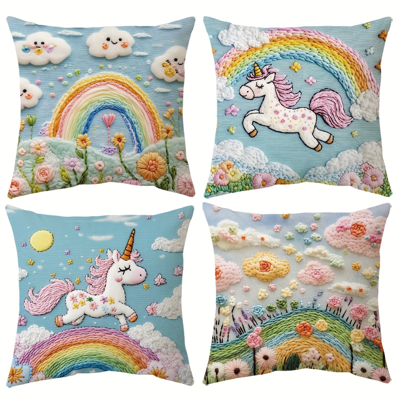 Set Of 4, Short Plush Unicorn Floral Throw Pillow Covers, Double Sides Printed Colorful Rainbow Daisy Cushion Covers, Vibrant Home Decor Pillowcases, 18*18inch, For Farmhouse, Living Room, Bedroom, Sofa, Porch, Patio, Outdoor, Without Pillow Inserts