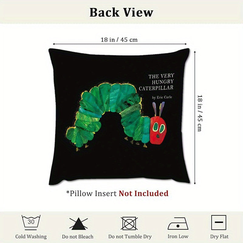 1pc The Very Hungry for CATERPILLAR Decorative Pillowcase - Double-Sided Print, 18x18 Inches, Black with Colorful Cartoon Design, Machine Washable, Durable Fabric, Perfect for Bedroom, Sofa, Dorm, Office, Outdoor & Party Decor, Ideal Holiday Gift (No