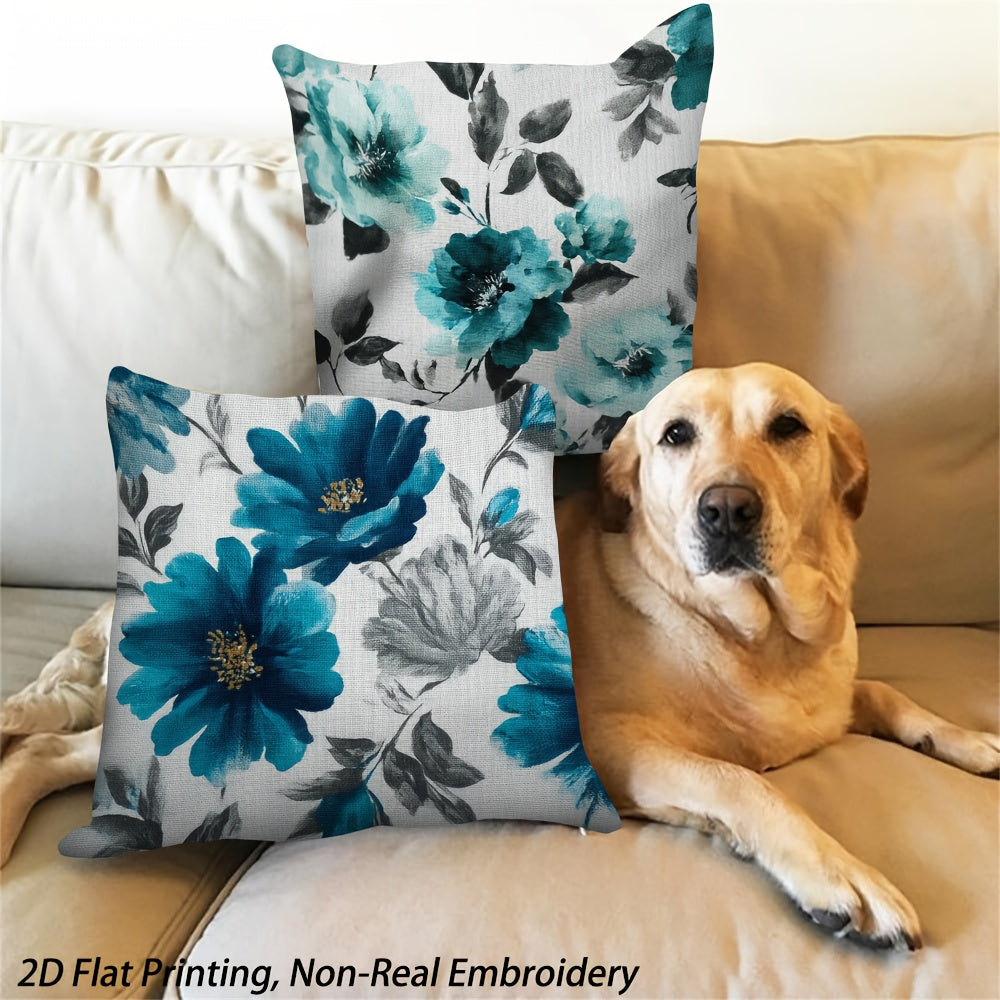 2D Flat Printing, 4pcs Teal Blossoms Throw Pillow Covers, Double-Sided Design, Polyester, Non-Real Embroidery, Zipper, Machine Washable, Contemporary Style for Sofa, Bedroom, Car, Office Decor - Inserts Not Included, Pillow for Living Room, Beautiful