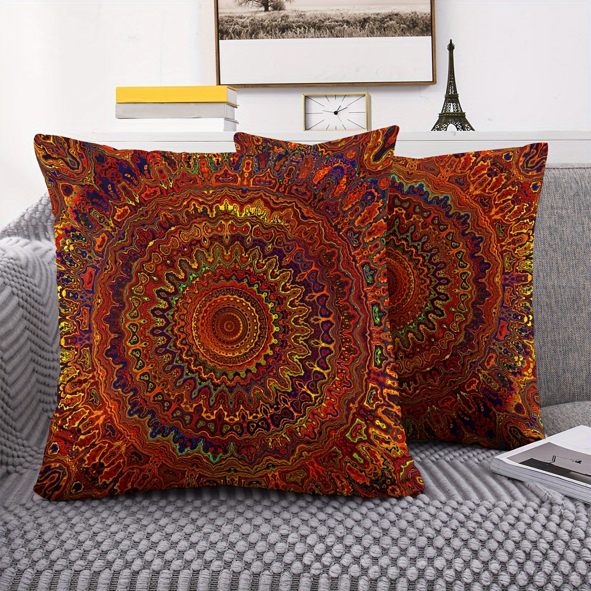 2pcs Short Plush Fabric Red Fantasy Golden Mandala Bohemian Style Pillow Cover With Double-sided Printing 18in *18inminimalist Art Modern Style Bedroom Living Room Home Decoration Without Pillow Core