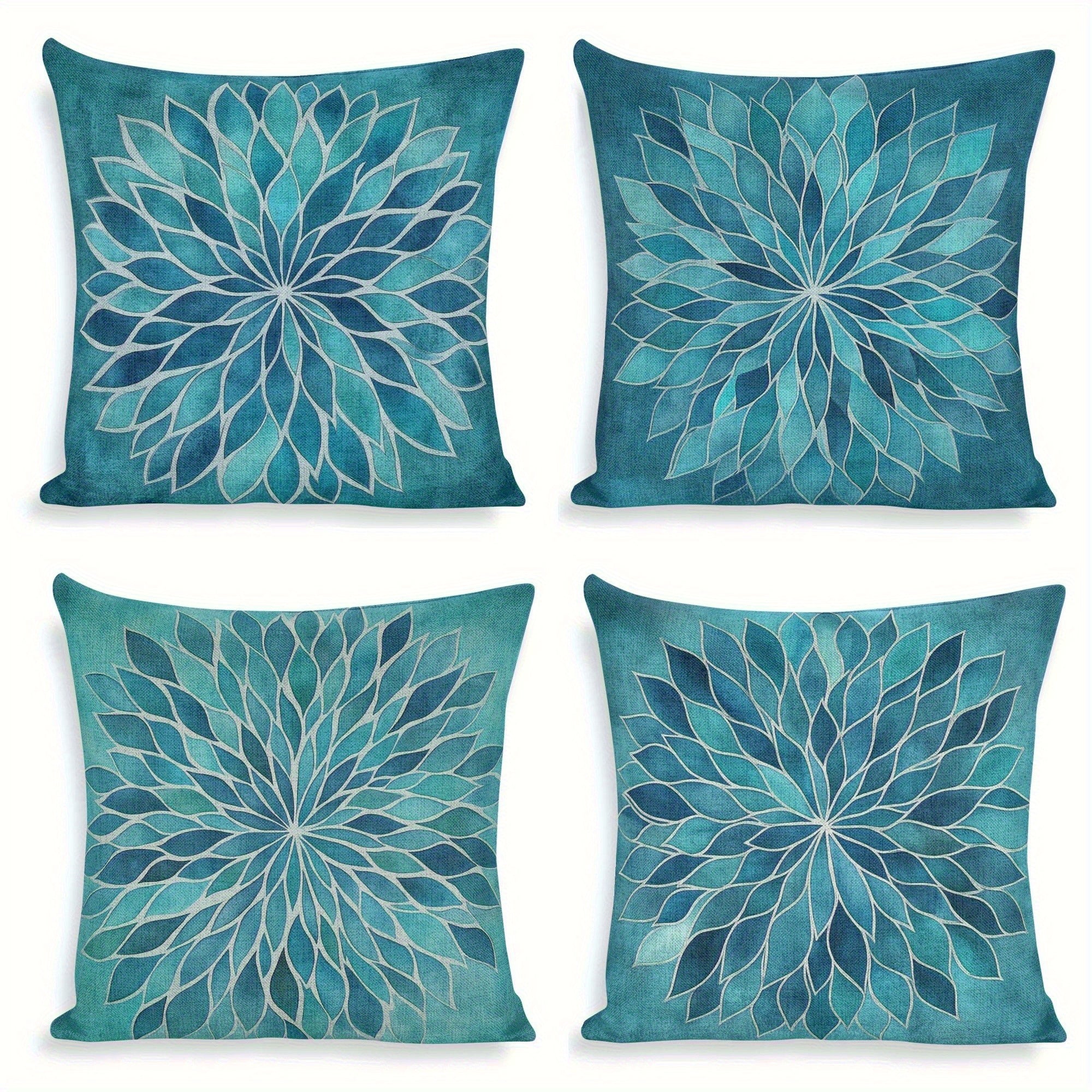 Single-sided 4pcs Set Blue-Green Watercolor Leaf Pattern Cushion, Single-Sided Print Polyester Square Pillow Suitable for Home Sofa Decor Kitchen and Dining Room Textile Fabric No Power Required Polyester 14x14 16x16 18x20 inch