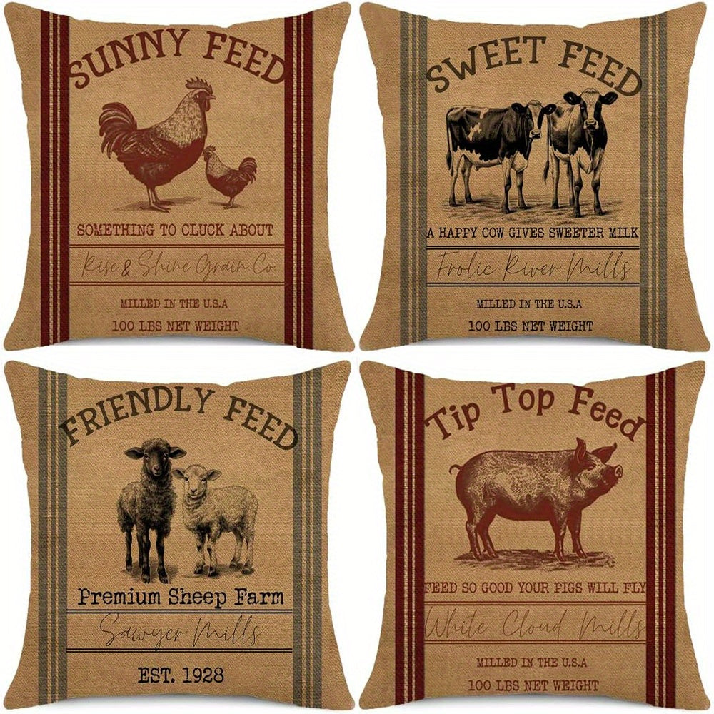 4 Pack Farm Animal Throw Pillow Covers - Double-Sided Rustic Farmhouse Decor with Zipper Closure, Machine Washable Polyester Cushion Covers for Sofa, Living Room, Bedroom (Pillow Inserts Not Included), Pillows for Living Room