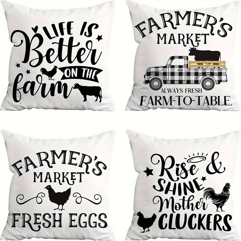 Four Black And White Farmhouse Style Pillowcase Set, Soft Pillowcases, Double-Sided Print, Size 18Inchx18Inch Inch, Suitable for Home Decoration, Living Room, Sofa, Car And Bedroom, Outdoor Courtyard Alan Artificial Gemstone.