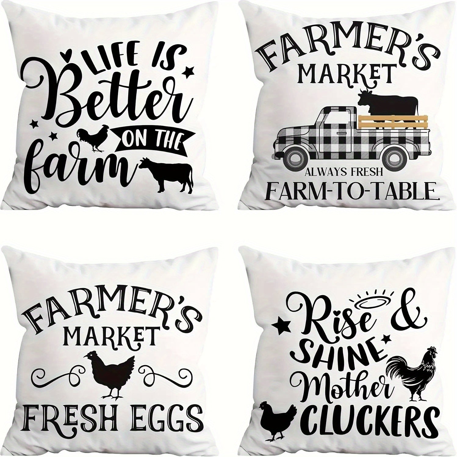 Four Black And White Farmhouse Style Pillowcase Set, Soft Pillowcases, Double-Sided Print, Size 18Inchx18Inch Inch, Suitable for Home Decoration, Living Room, Sofa, Car And Bedroom, Outdoor Courtyard Alan Artificial Gemstone.