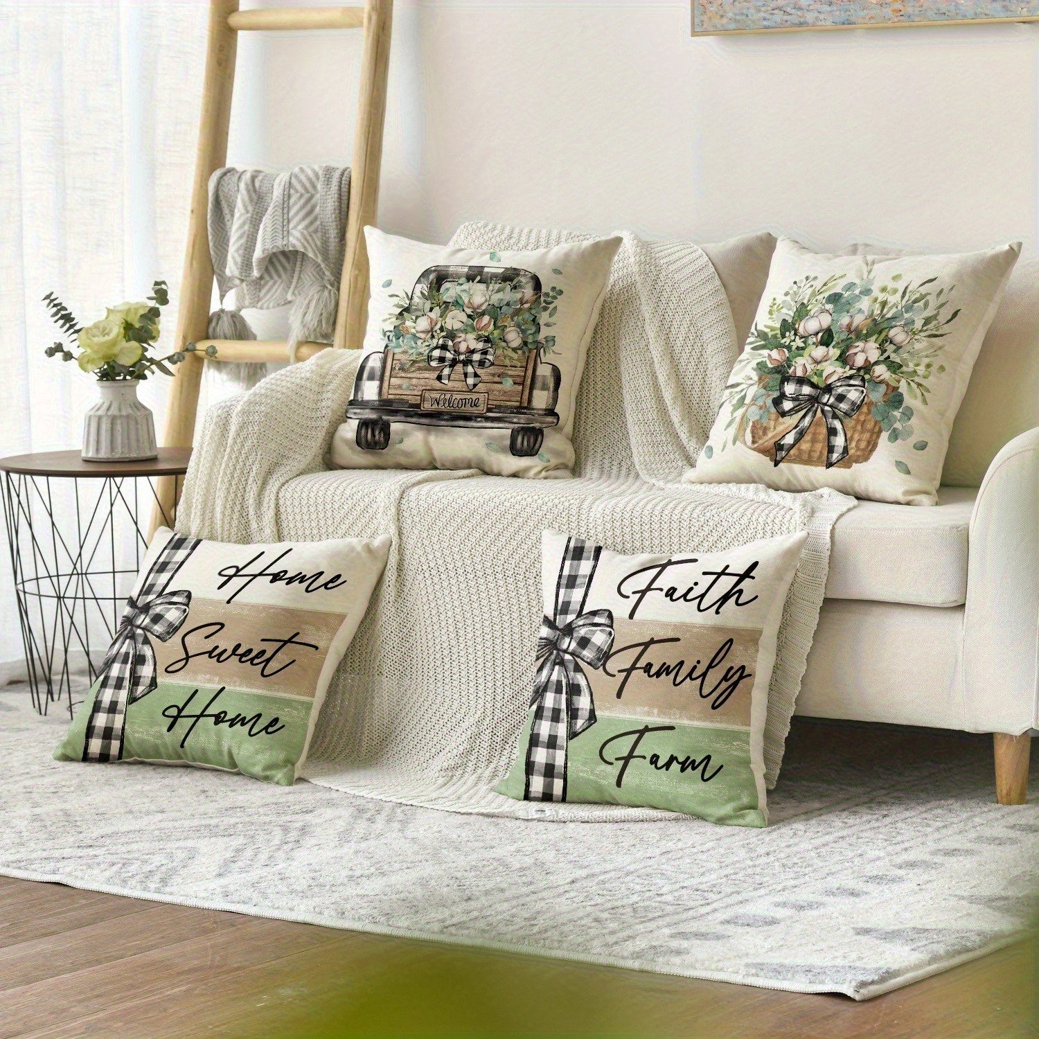 4pcs Home Sweet Home Pillow Covers - Double-Sided Vintage Farmhouse Decor with Floral & Rustic Truck Designs, Soft Plush Zipper Closure Cushion Cases, Machine Washable for Living Room, Bedroom, Sofa (Multiple Sizes), Pillow Covers for Living Room, Bedroom