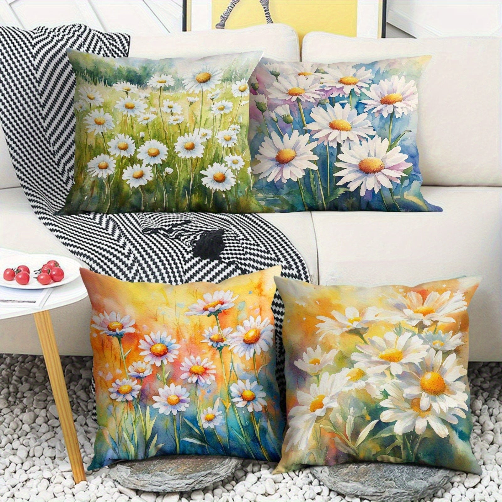 4pcs Vintage Daisy Decorative Pillow Covers - Double-Sided 2D Printed Soft Plush Cushion Covers with Zipper Closure, Machine Washable, Multiple Sizes for Living Room, Bedroom, Sofa, Pillow Covers for Living Room, Bedroom Accessories, Retro Floral Design,