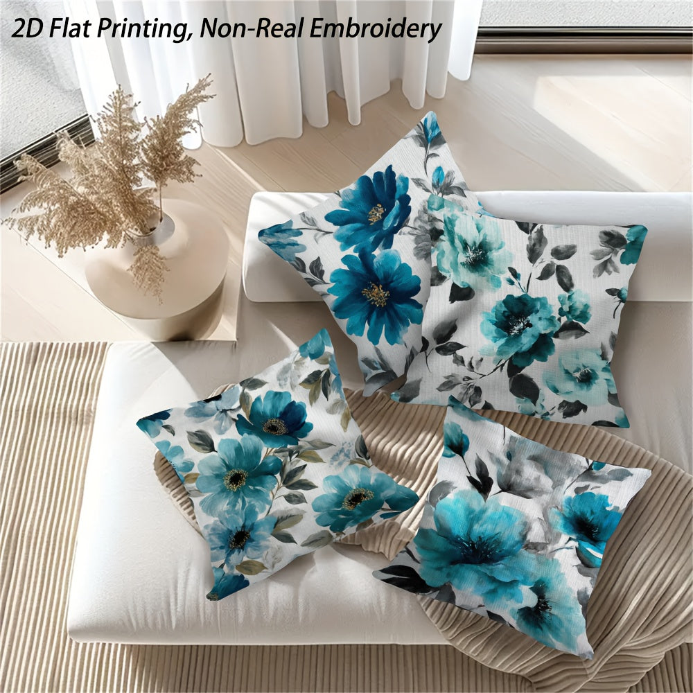 2D Flat Printing, 4pcs Teal Blossoms Throw Pillow Covers, Double-Sided Design, Polyester, Non-Real Embroidery, Zipper, Machine Washable, Contemporary Style for Sofa, Bedroom, Car, Office Decor - Inserts Not Included, Pillow for Living Room, Beautiful