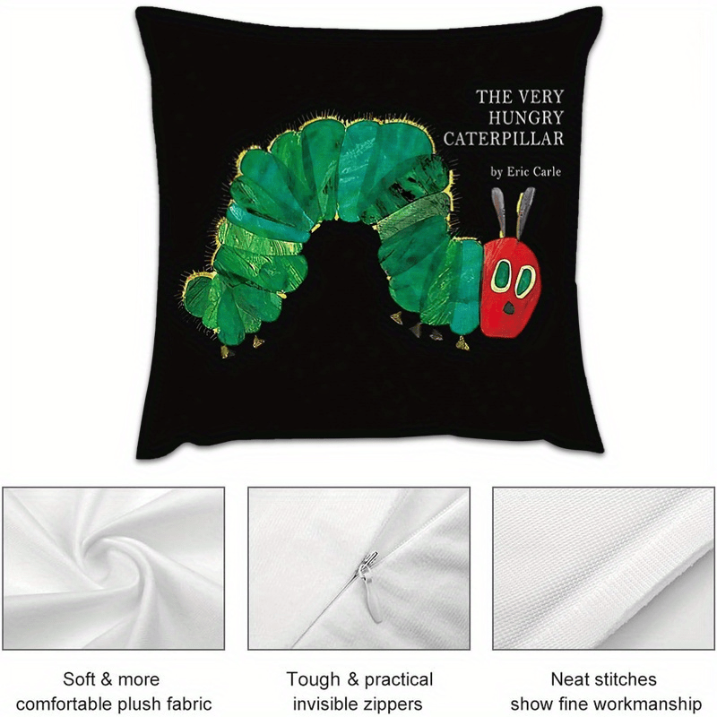 1pc The Very Hungry for CATERPILLAR Decorative Pillowcase - Double-Sided Print, 18x18 Inches, Black with Colorful Cartoon Design, Machine Washable, Durable Fabric, Perfect for Bedroom, Sofa, Dorm, Office, Outdoor & Party Decor, Ideal Holiday Gift (No