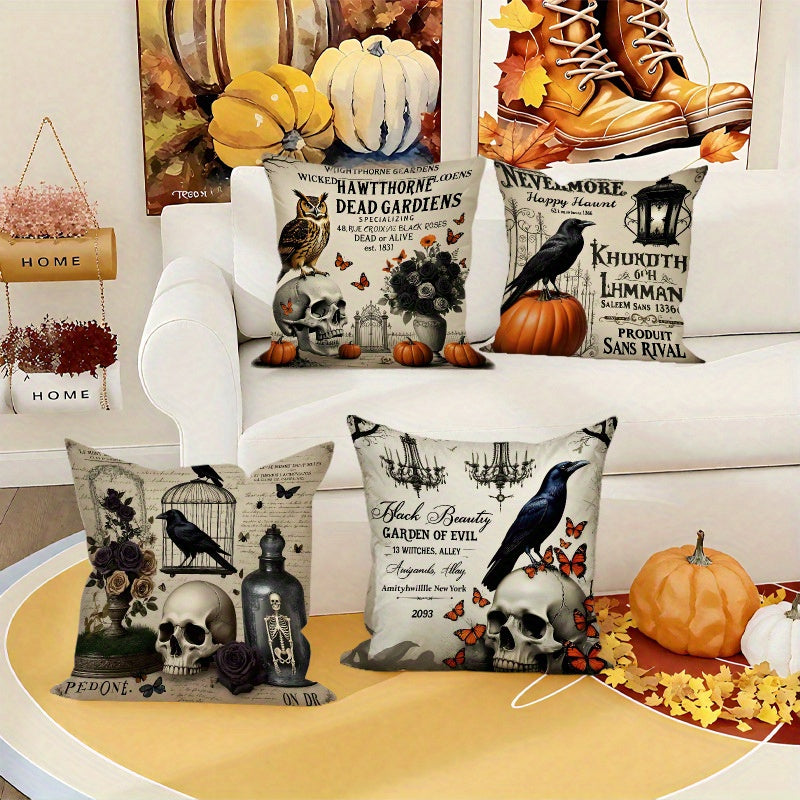 4pcs Gothic Halloween Pillow Covers - Skull, Raven, Witchy Designs with Zipper Closure - Spooky Decorations for Living Room, Bedroom, Sofa, Car - Double-Sided Polyester Printed Pattern - Gothic Home Decor Cushion Cases - Easy-Clean Halloween Party