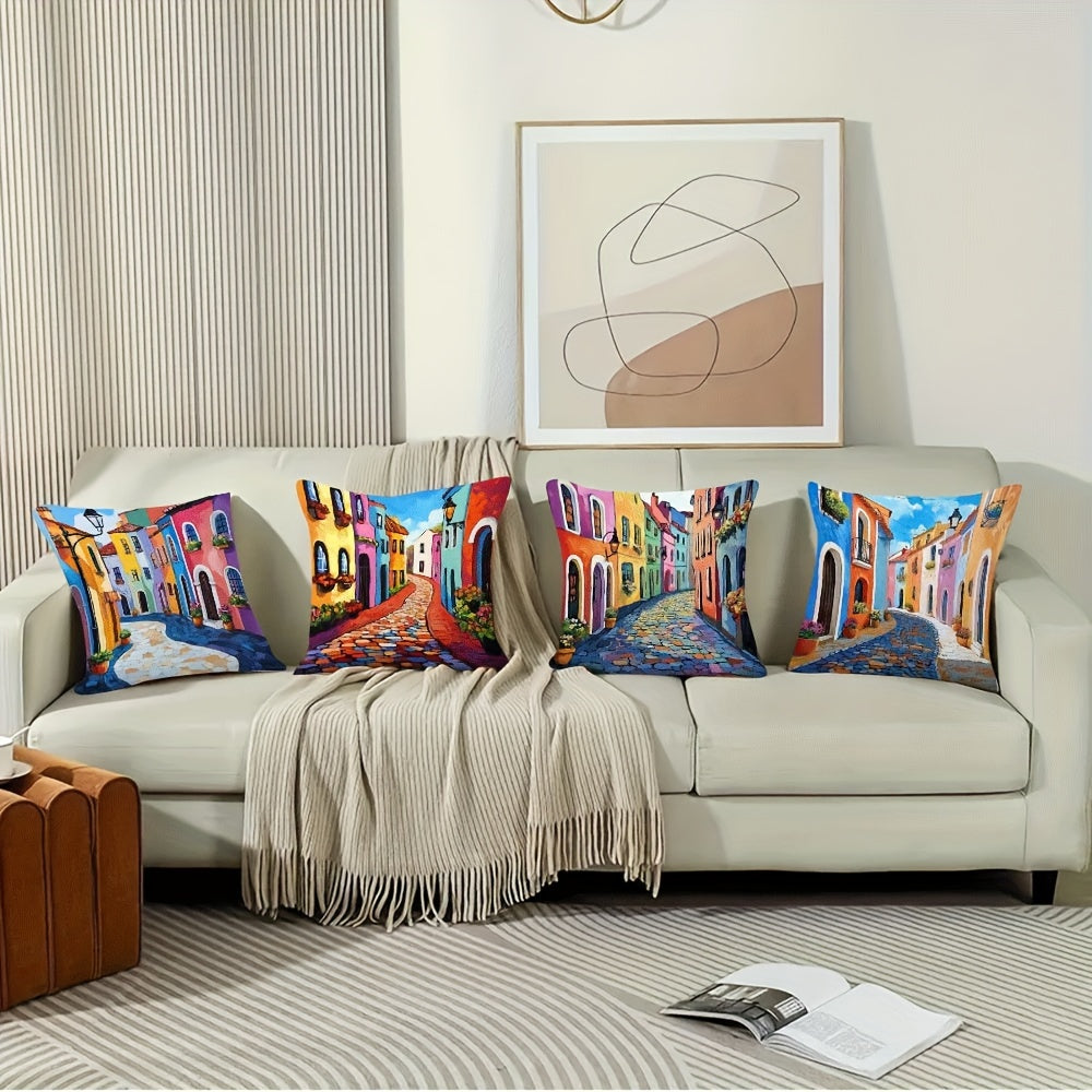 4pcs Polyester Pillowcase Color Street View Double Sided Zip Couch and Bed Decorative Cushion Cover Perfect for Valentine'S Day, Halloween and Christmas Decorations (Not Lined)