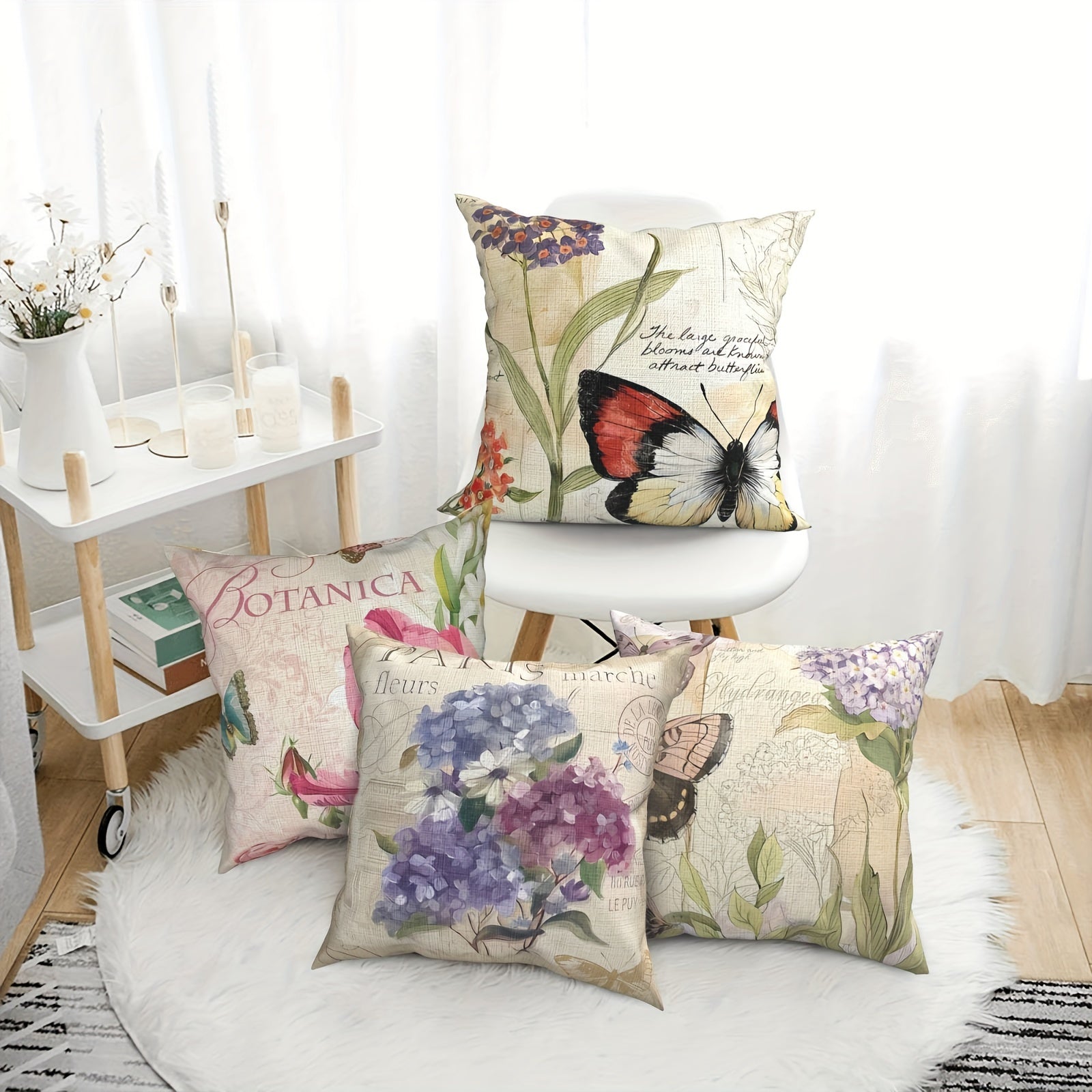 Polyester material double-sided printing 4pcs set, retro flower butterfly polyester fiber pillow cover, easy care, machine washable zipper opening and closing, decorative farmhouse summer pillowcase for various rooms, modern style -2D