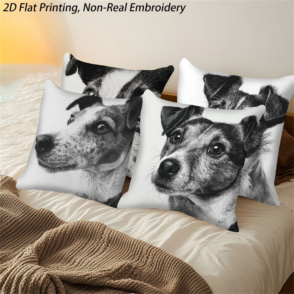 4pcs Black and White Jack Russell Terrier Dog Sketch Throw Pillow Covers - 2D Flat Printed Realistic Puppy & Adult Dog Face Cushion Covers, Double-Sided Luxury Sofa Bed Living Room Bedroom Office Car Decor, Zipper Closure & Machine Washable (No Inserts),