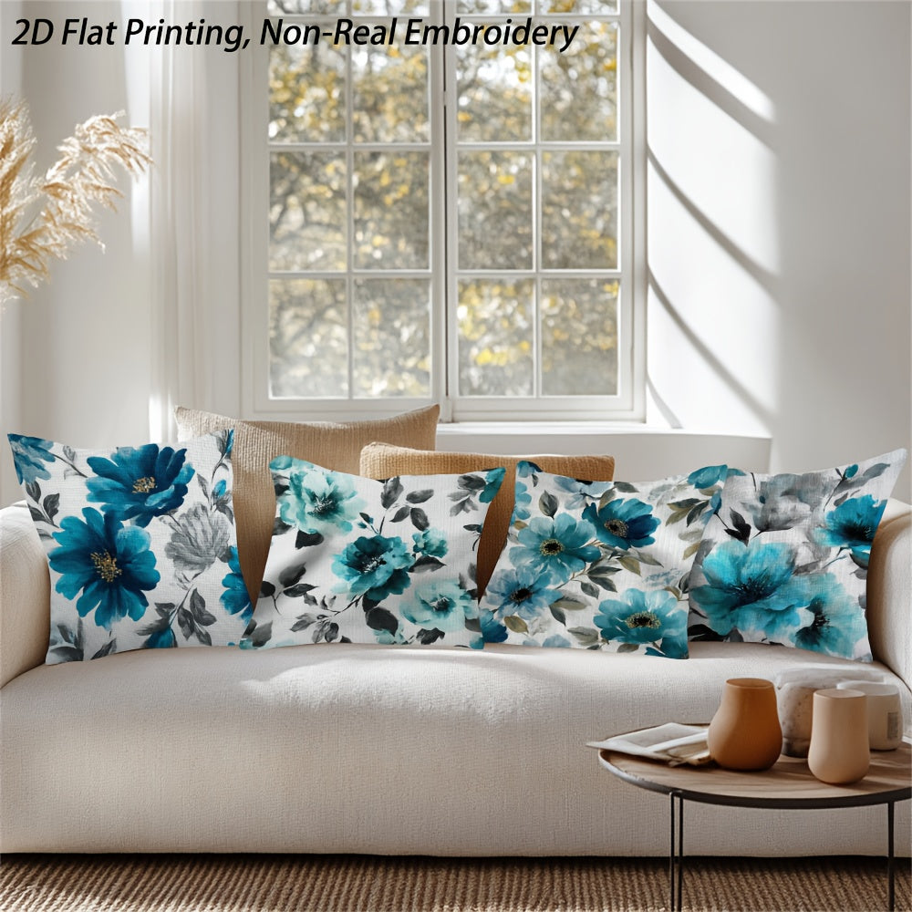 2D Flat Printing, 4pcs Teal Blossoms Throw Pillow Covers, Double-Sided Design, Polyester, Non-Real Embroidery, Zipper, Machine Washable, Contemporary Style for Sofa, Bedroom, Car, Office Decor - Inserts Not Included, Pillow for Living Room, Beautiful
