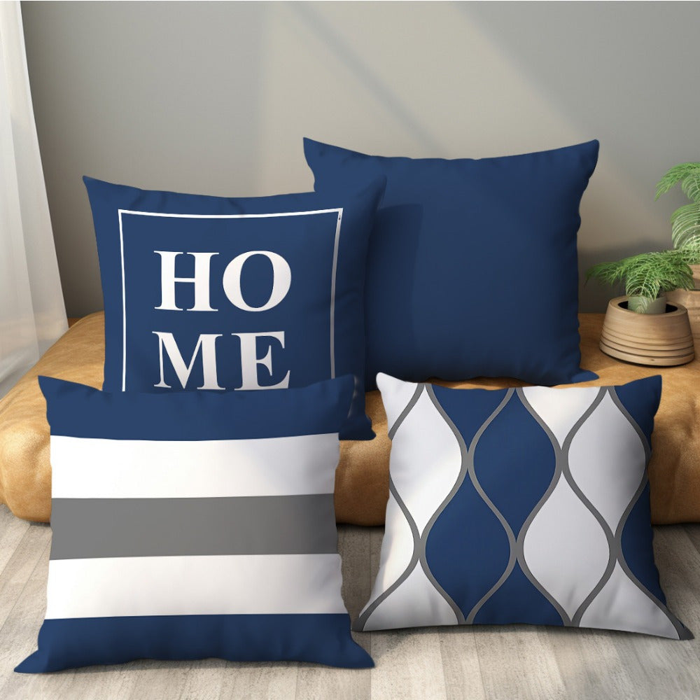 4pcs Modern Style Navy Blue Geometric Stripe Print Pink Polyester Cushion Cover Sofa Pillowcase Without Insert Double-sided Print 14x14 16x16 18x18 20x20inch