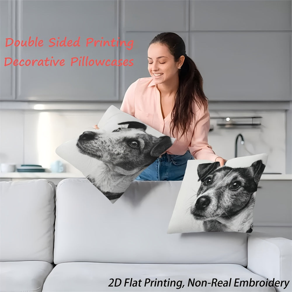 4pcs Black and White Jack Russell Terrier Dog Sketch Throw Pillow Covers - 2D Flat Printed Realistic Puppy & Adult Dog Face Cushion Covers, Double-Sided Luxury Sofa Bed Living Room Bedroom Office Car Decor, Zipper Closure & Machine Washable (No Inserts),