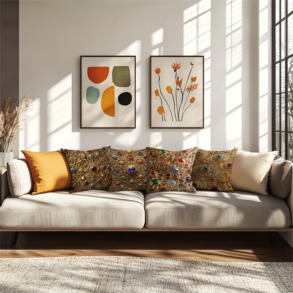 4pcs Persian Gemstone Filigree Polyester Pillow Covers - High-Quality 2D Double-Sided Print, No Tassels or Embroidery, Hidden Zipper, Soft & Durable for Living Room, Couch, or Bedroom Decor, Couch Decor | Elegant Pillow Covers | Smooth Texture