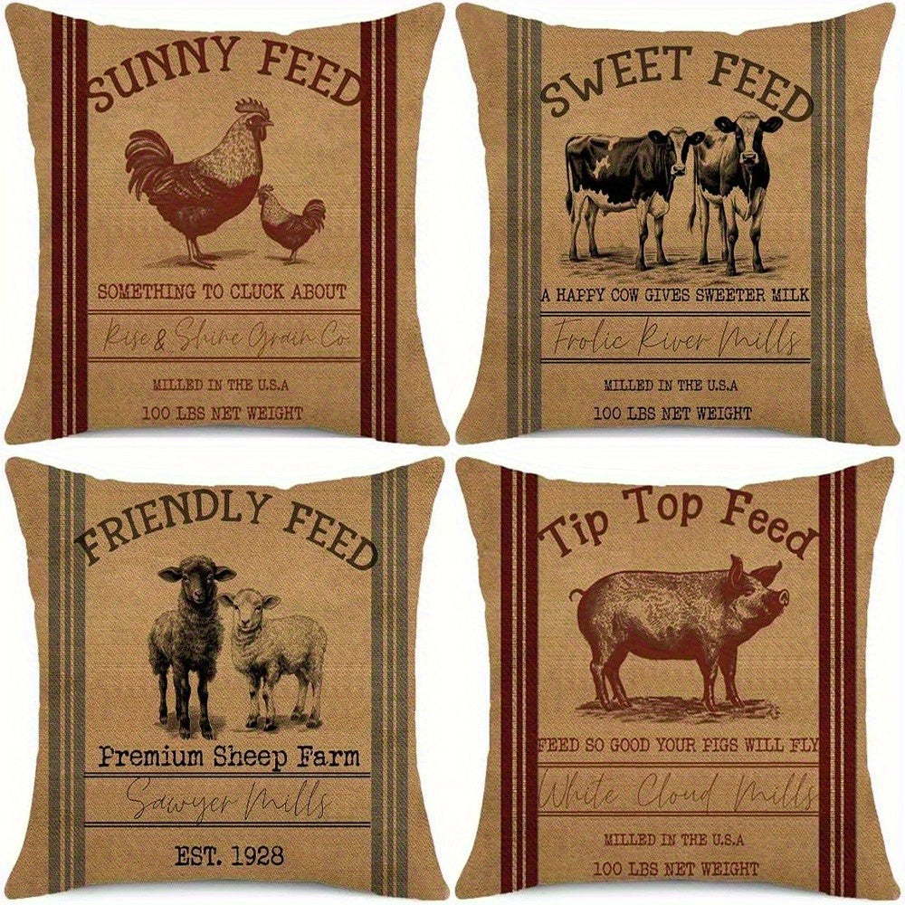 4 Pack Farm Animal Throw Pillow Covers - Double-Sided Rustic Farmhouse Decor with Zipper Closure, Machine Washable Polyester Cushion Covers for Sofa, Living Room, Bedroom (Pillow Inserts Not Included), Pillows for Living Room