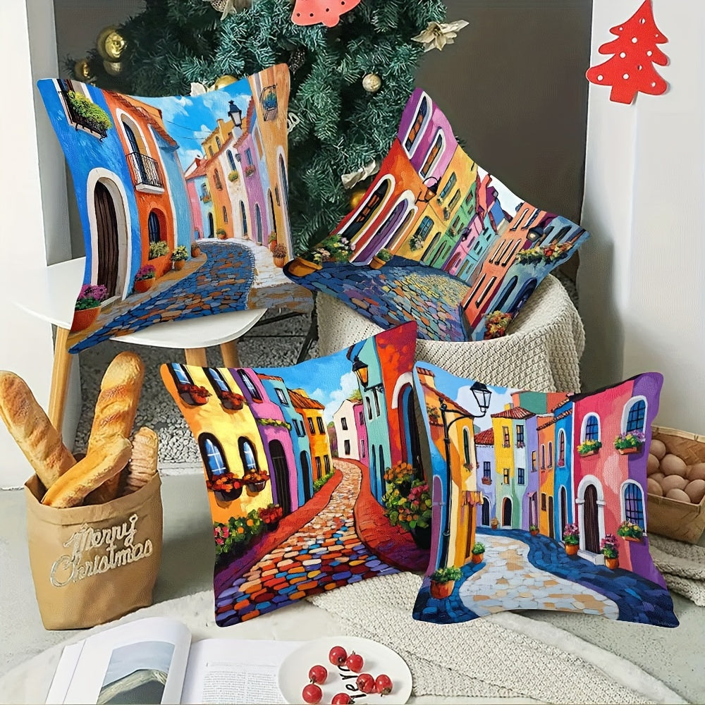 4pcs Polyester Pillowcase Color Street View Double Sided Zip Couch and Bed Decorative Cushion Cover Perfect for Valentine'S Day, Halloween and Christmas Decorations (Not Lined)