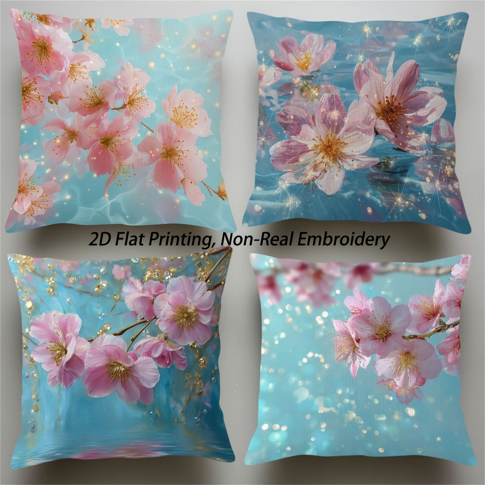 4pcs Peach Blossom Floral Throw Pillow Covers - Contemporary Art Style, Non-Real Embroidery, Machine Washable, Zippered, Double-Sided Print for Living Room, Bed, Office, Car, Sofa Decor - No Inserts, Polyester 100., Bedroom Decor | Contemporary Style |