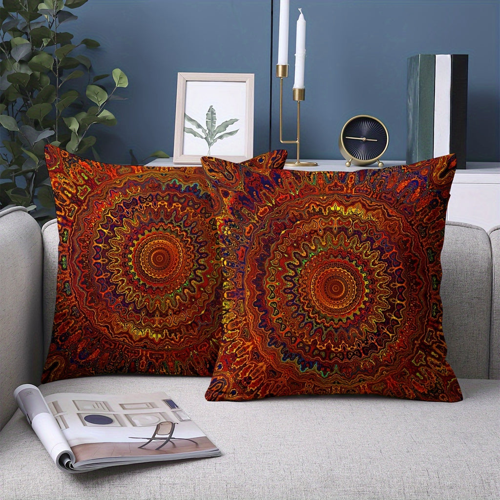 2pcs Short Plush Fabric Red Fantasy Golden Mandala Bohemian Style Pillow Cover With Double-sided Printing 18in *18inminimalist Art Modern Style Bedroom Living Room Home Decoration Without Pillow Core