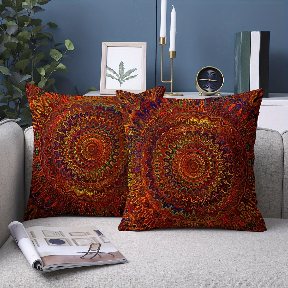 2pcs Short Plush Fabric Red Fantasy Golden Mandala Bohemian Style Pillow Cover With Double-sided Printing 18in *18inminimalist Art Modern Style Bedroom Living Room Home Decoration Without Pillow Core