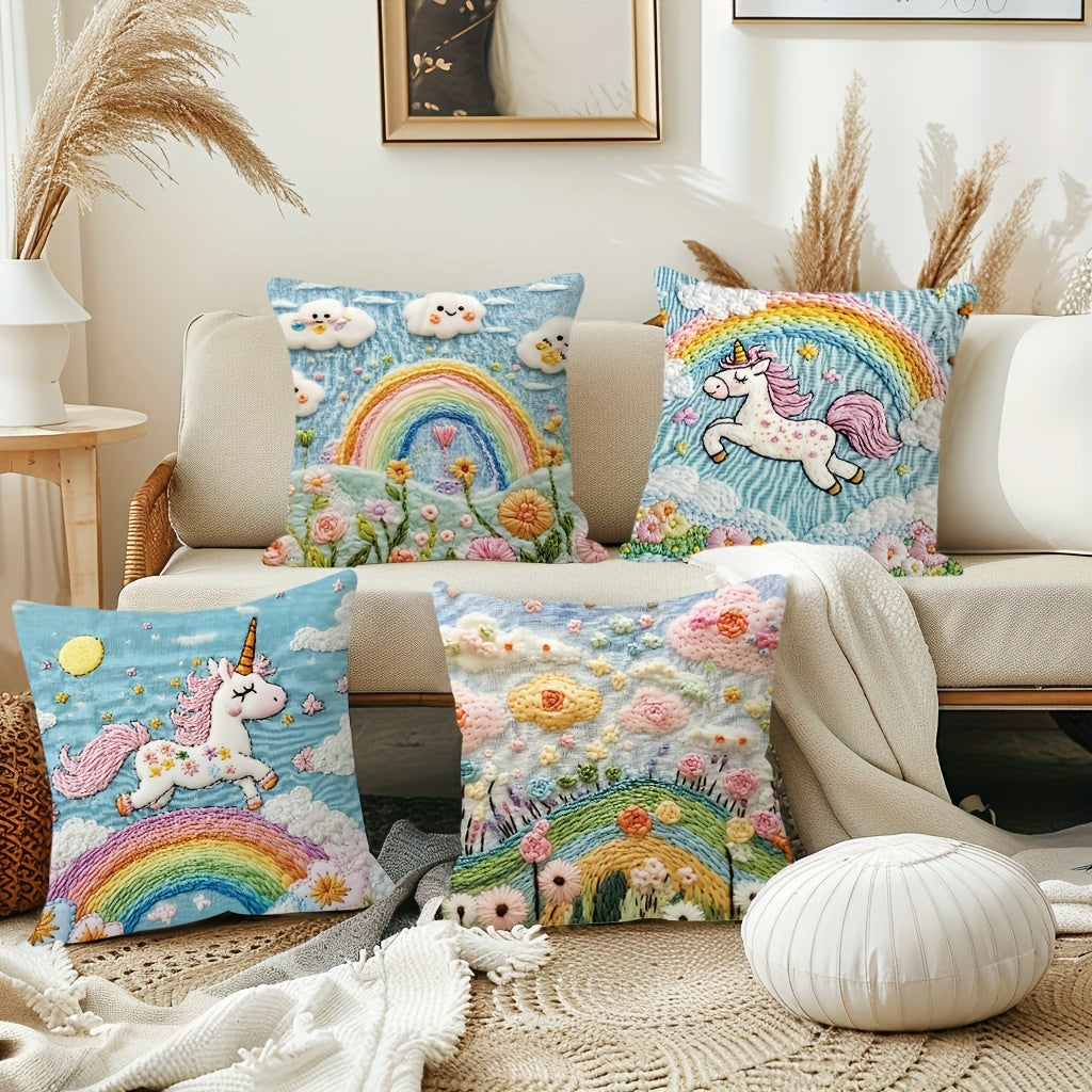 Set Of 4, Short Plush Unicorn Floral Throw Pillow Covers, Double Sides Printed Colorful Rainbow Daisy Cushion Covers, Vibrant Home Decor Pillowcases, 18*18inch, For Farmhouse, Living Room, Bedroom, Sofa, Porch, Patio, Outdoor, Without Pillow Inserts