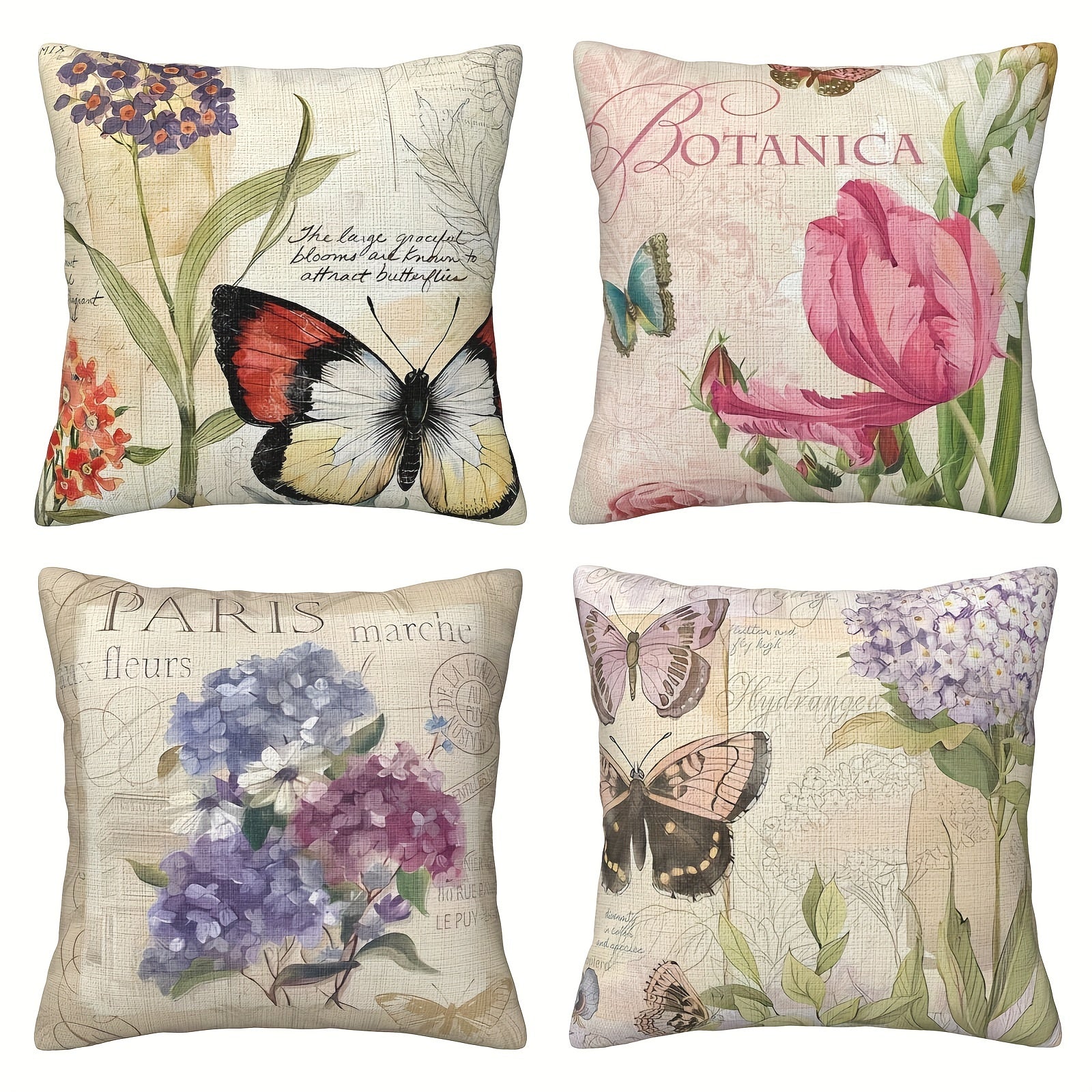 Polyester material double-sided printing 4pcs set, retro flower butterfly polyester fiber pillow cover, easy care, machine washable zipper opening and closing, decorative farmhouse summer pillowcase for various rooms, modern style -2D