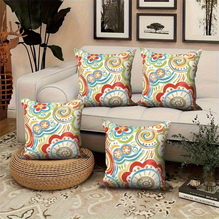 4pcs Retro Geometric Floral Print Pillow Covers - Double-Sided 2D Printed Soft Plush Cushion Covers with Zipper Closure, Machine Washable, Multiple Sizes for Living Room, Bedroom, Sofa Decor, Decorative Pillow Covers, Bedroom Accessories, Vibrant Home
