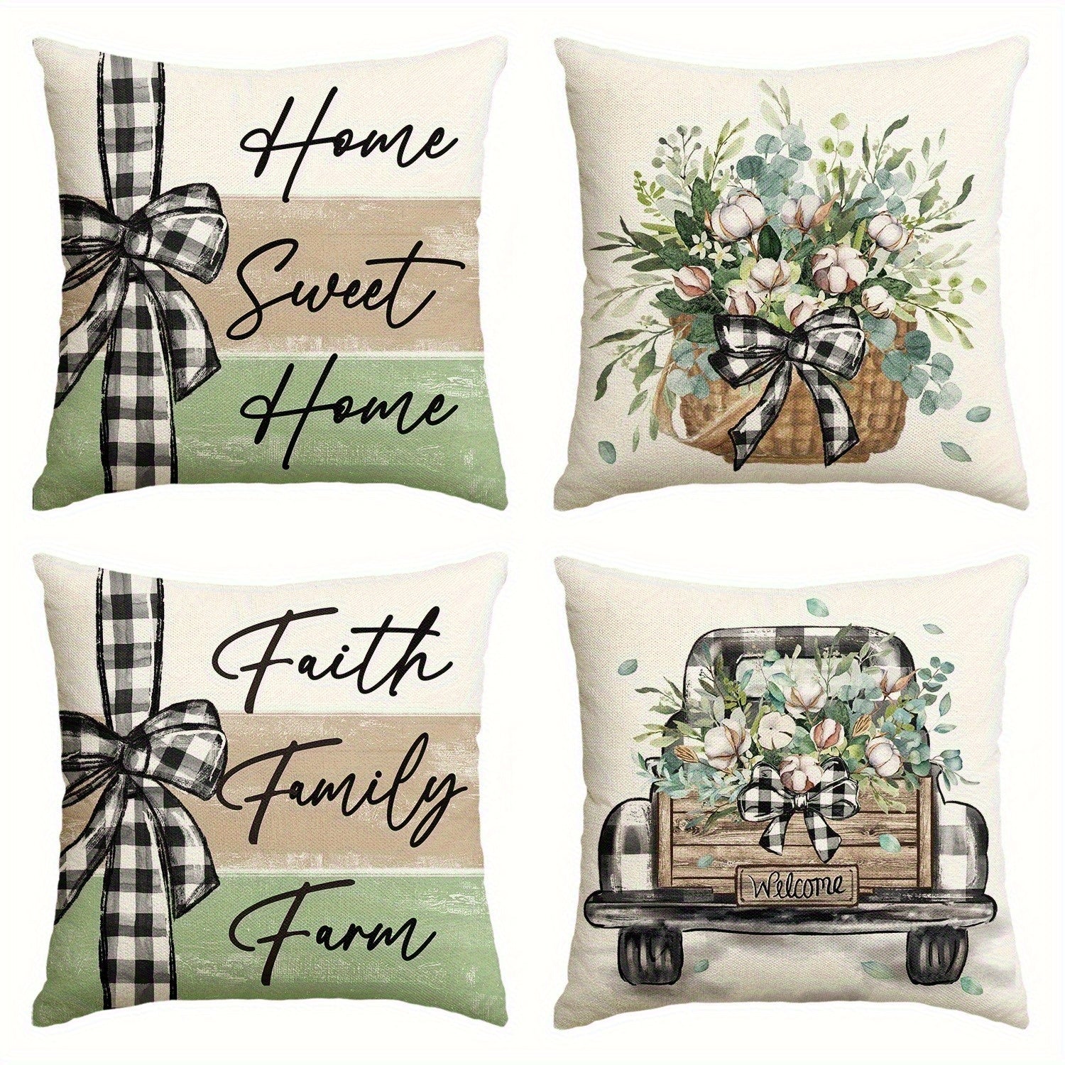 4pcs Home Sweet Home Pillow Covers - Double-Sided Vintage Farmhouse Decor with Floral & Rustic Truck Designs, Soft Plush Zipper Closure Cushion Cases, Machine Washable for Living Room, Bedroom, Sofa (Multiple Sizes), Pillow Covers for Living Room, Bedroom