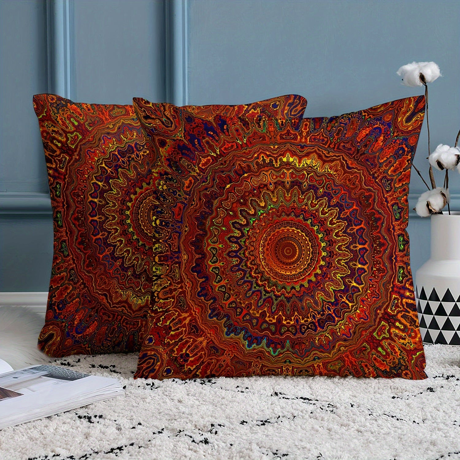 2pcs Short Plush Fabric Red Fantasy Golden Mandala Bohemian Style Pillow Cover With Double-sided Printing 18in *18inminimalist Art Modern Style Bedroom Living Room Home Decoration Without Pillow Core