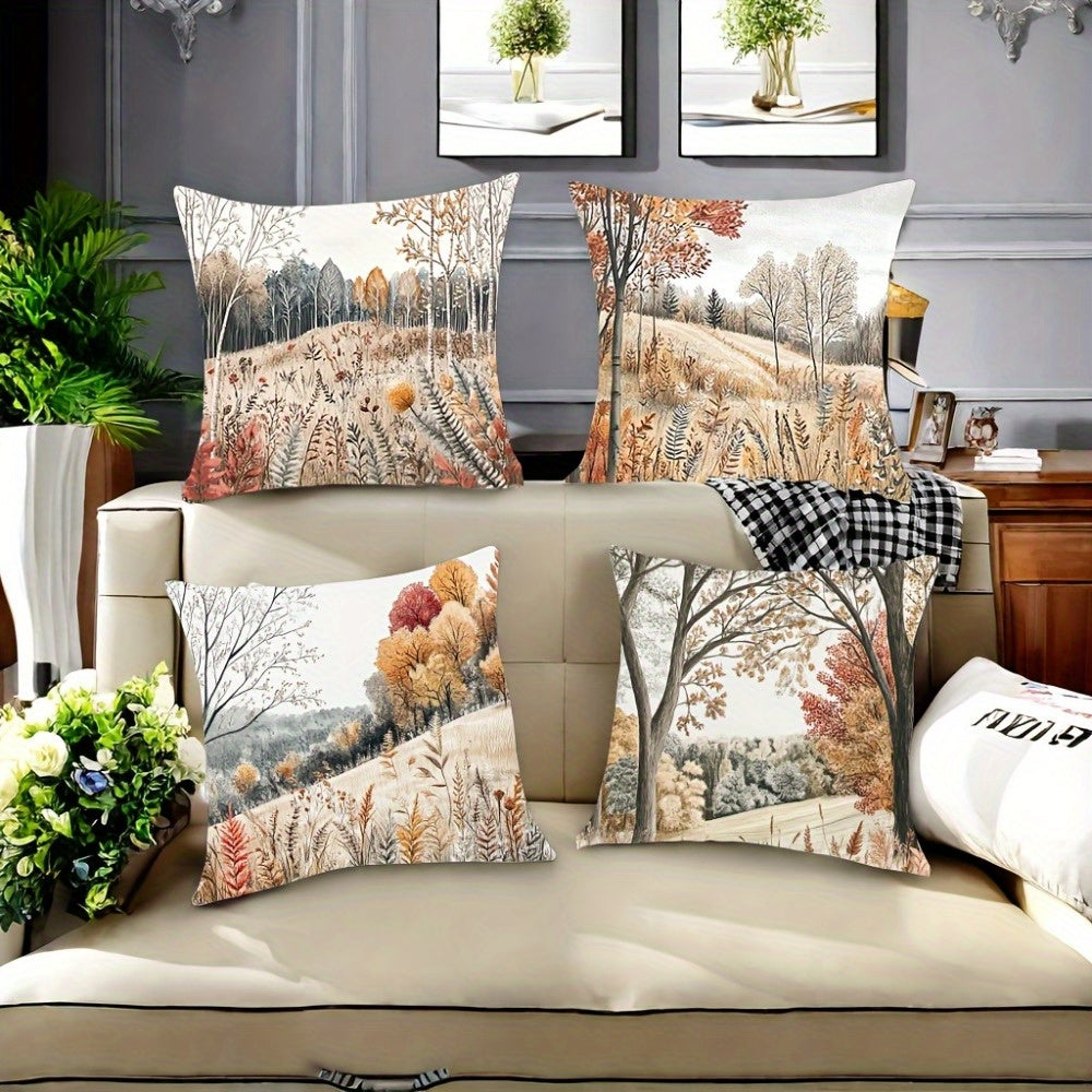 4pcs Autumn Jungle Landscape Printed Pillow Covers - Double-Sided Polyester Zipper Covers with Vibrant Fall Foliage Design, Machine Washable for Living Room, Bedroom, Sofa Decor (Pillows Not Included), Decorative Pillows, Bedroom Accessories,