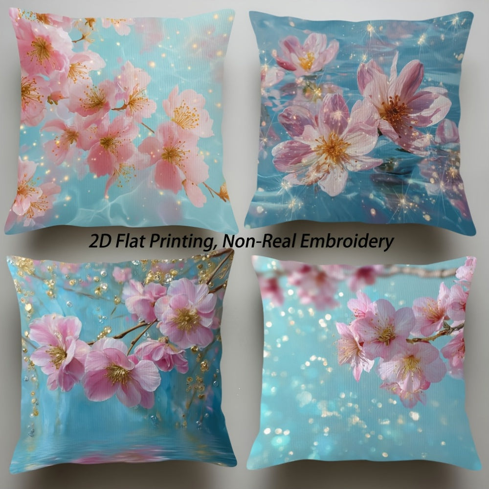 4pcs Peach Blossom Floral Throw Pillow Covers - Contemporary Art Style, Non-Real Embroidery, Machine Washable, Zippered, Double-Sided Print for Living Room, Bed, Office, Car, Sofa Decor - No Inserts, Polyester 100., Bedroom Decor | Contemporary Style |