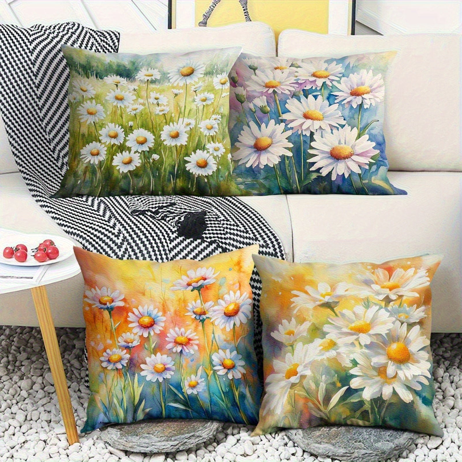 4pcs Vintage Daisy Decorative Pillow Covers - Double-Sided 2D Printed Soft Plush Cushion Covers with Zipper Closure, Machine Washable, Multiple Sizes for Living Room, Bedroom, Sofa, Pillow Covers for Living Room, Bedroom Accessories, Retro Floral Design,