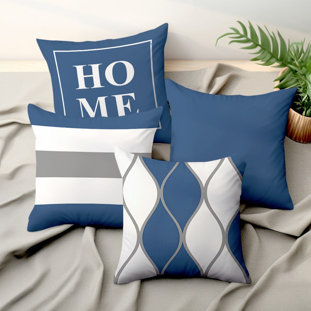 4pcs Modern Style Navy Blue Geometric Stripe Print Pink Polyester Cushion Cover Sofa Pillowcase Without Insert Double-sided Print 14x14 16x16 18x18 20x20inch
