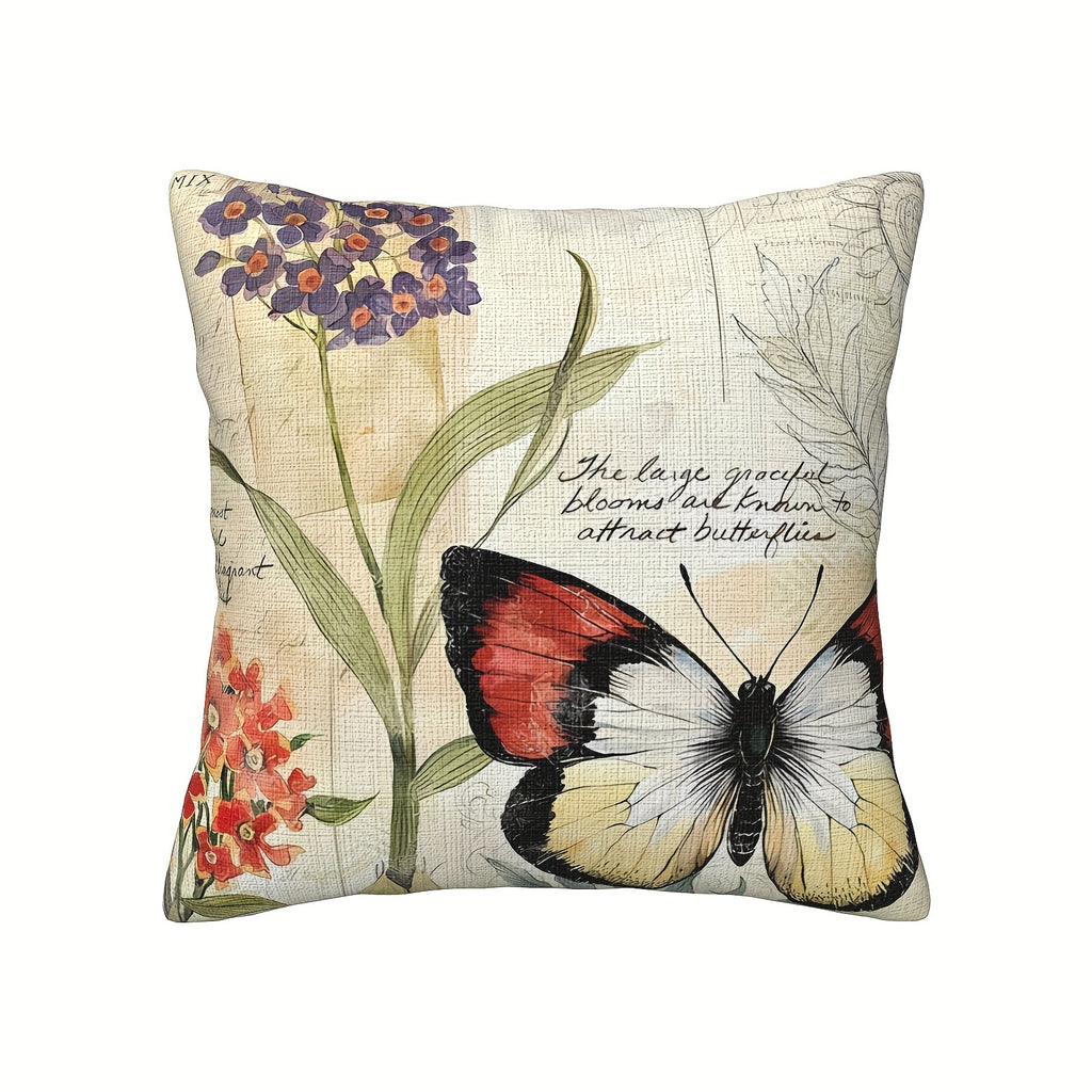 Polyester material double-sided printing 4pcs set, retro flower butterfly polyester fiber pillow cover, easy care, machine washable zipper opening and closing, decorative farmhouse summer pillowcase for various rooms, modern style -2D