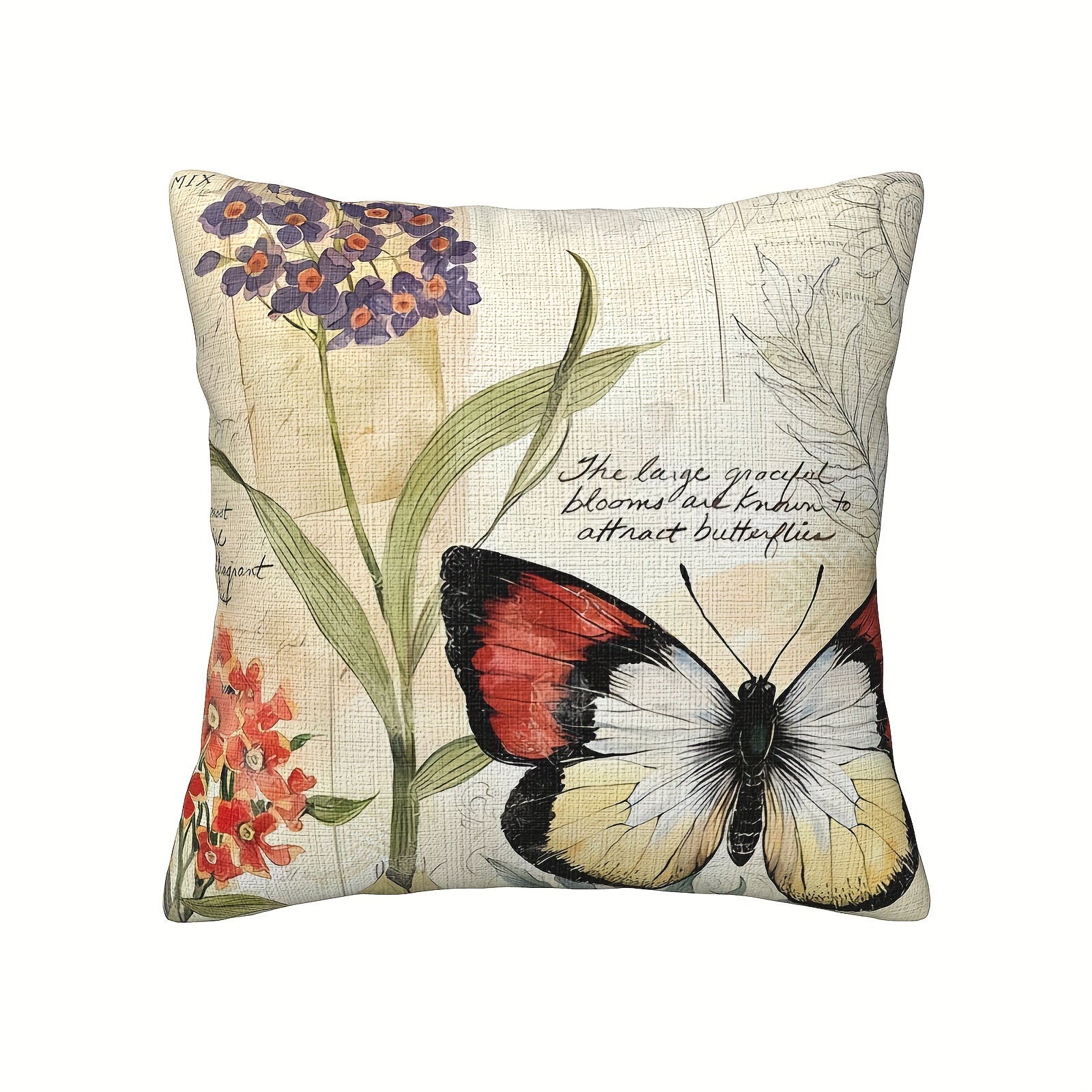 Polyester material double-sided printing 4pcs set, retro flower butterfly polyester fiber pillow cover, easy care, machine washable zipper opening and closing, decorative farmhouse summer pillowcase for various rooms, modern style -2D