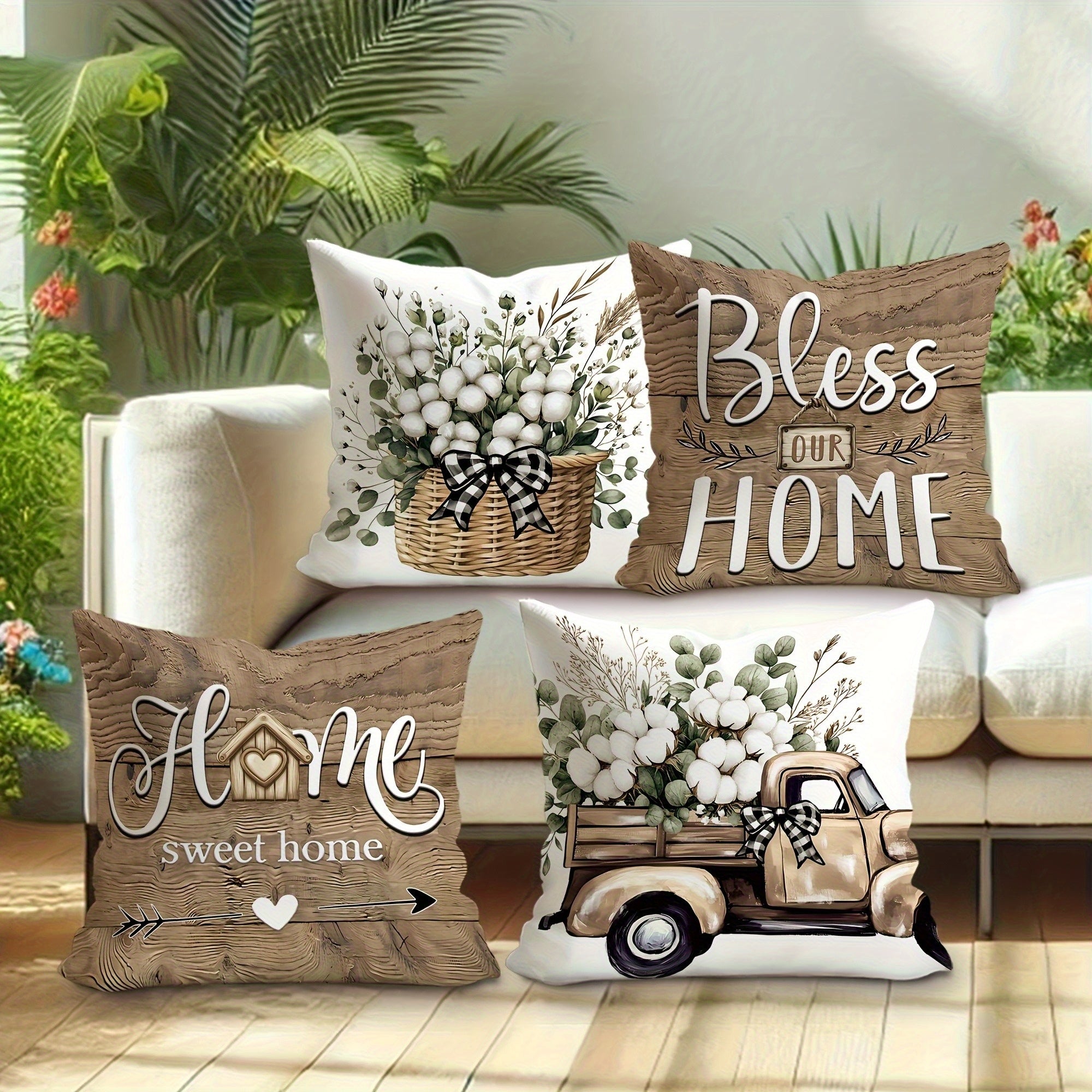 4pcs Rustic Farmhouse Pillow Covers - Double-Sided Printed Soft Plush with Zipper Closure, Machine Washable, Multiple Sizes for Living Room, Bedroom, Sofa Decor, Decorative Pillows, Cozy Home Styling, Geometric Pattern, Durable Fabric, Accent Cushions,