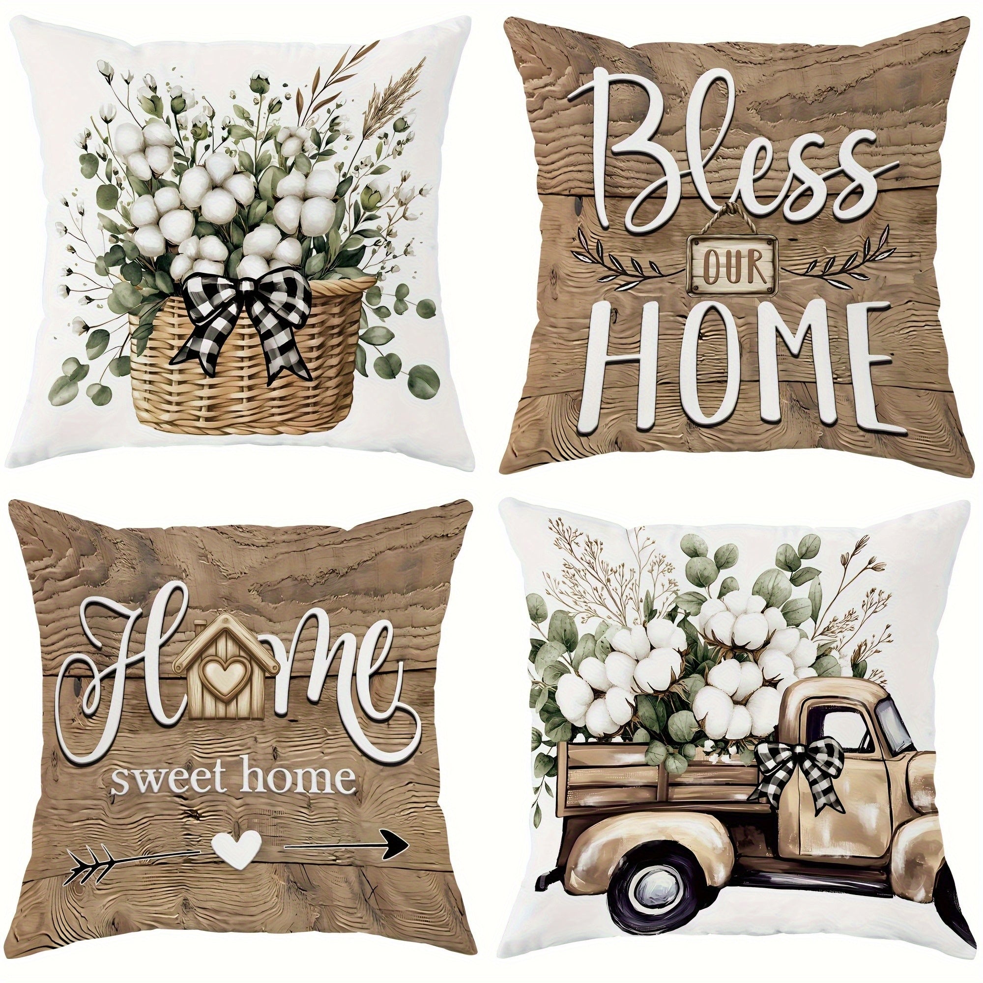 4pcs Rustic Farmhouse Pillow Covers - Double-Sided Printed Soft Plush with Zipper Closure, Machine Washable, Multiple Sizes for Living Room, Bedroom, Sofa Decor, Decorative Pillows, Cozy Home Styling, Geometric Pattern, Durable Fabric, Accent Cushions,