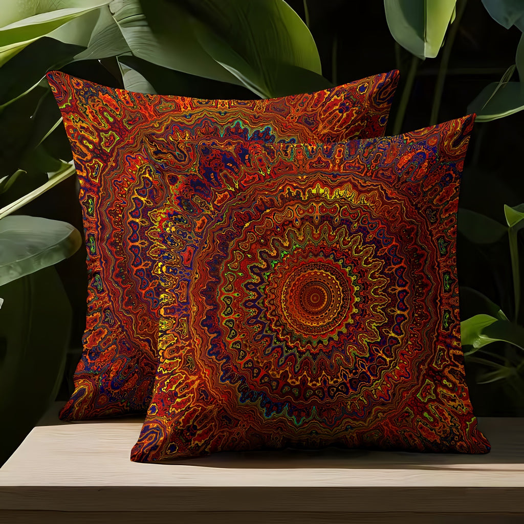 2pcs Short Plush Fabric Red Fantasy Golden Mandala Bohemian Style Pillow Cover With Double-sided Printing 18in *18inminimalist Art Modern Style Bedroom Living Room Home Decoration Without Pillow Core