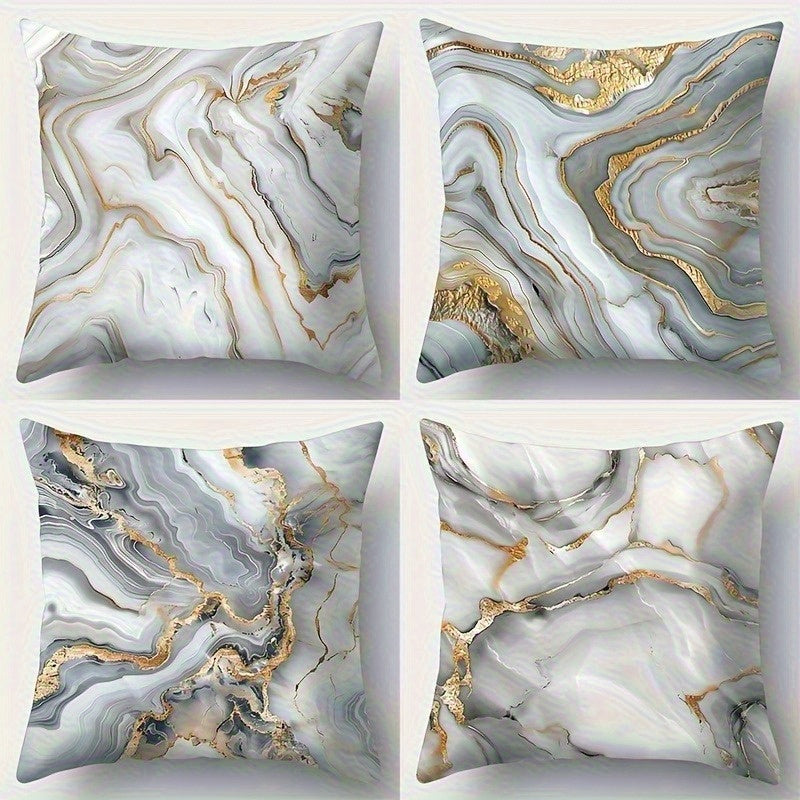 4pcs Double-Sided Printed Golden Marble Pillow Covers - Soft Plush Retro Home Decor with Zipper Closure, Machine Washable, Multiple Sizes for Living Room, Bedroom, Sofa, Decorative Pillows, Bedroom Accessories, Luxurious Design, Durable Fabric, Sofa