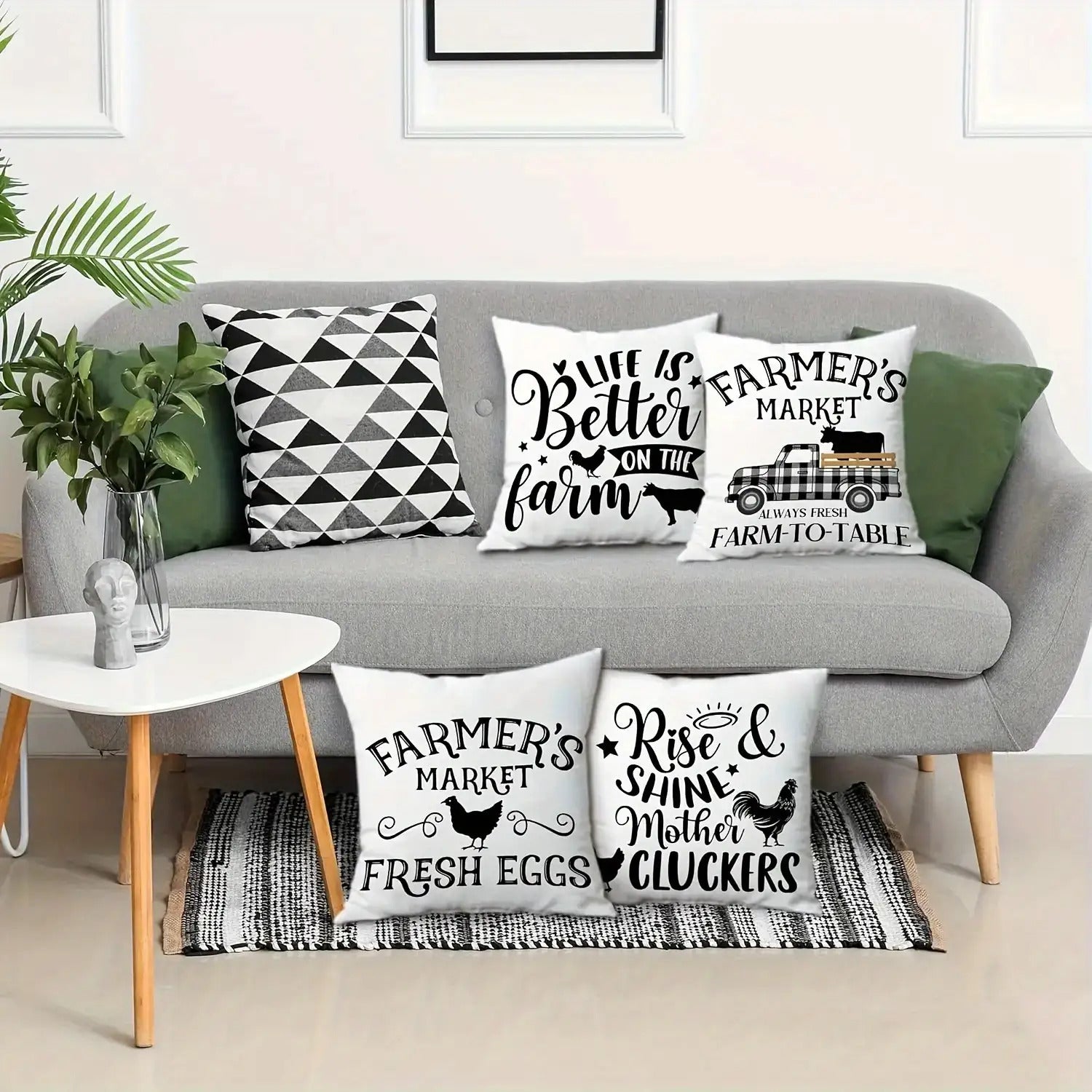 Four Black And White Farmhouse Style Pillowcase Set, Soft Pillowcases, Double-Sided Print, Size 18Inchx18Inch Inch, Suitable for Home Decoration, Living Room, Sofa, Car And Bedroom, Outdoor Courtyard Alan Artificial Gemstone.