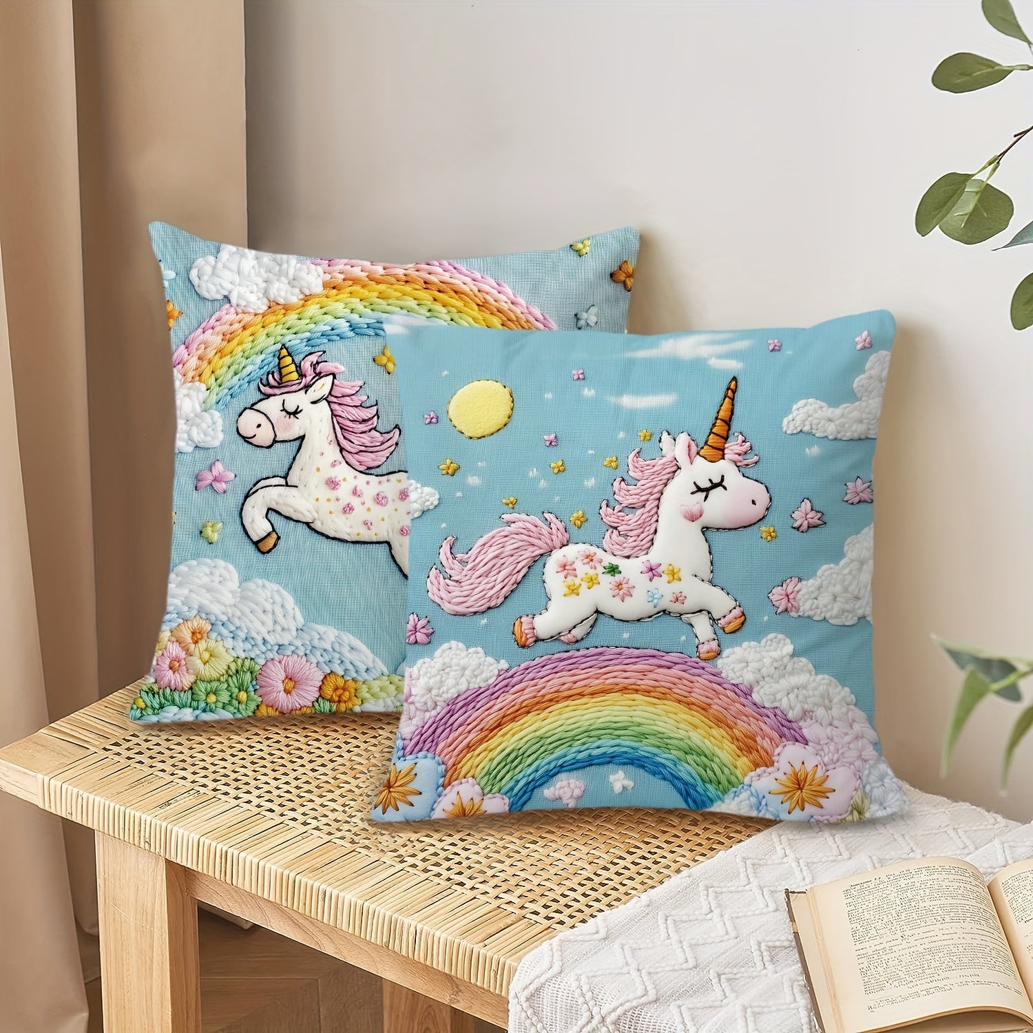 Set Of 4, Short Plush Unicorn Floral Throw Pillow Covers, Double Sides Printed Colorful Rainbow Daisy Cushion Covers, Vibrant Home Decor Pillowcases, 18*18inch, For Farmhouse, Living Room, Bedroom, Sofa, Porch, Patio, Outdoor, Without Pillow Inserts