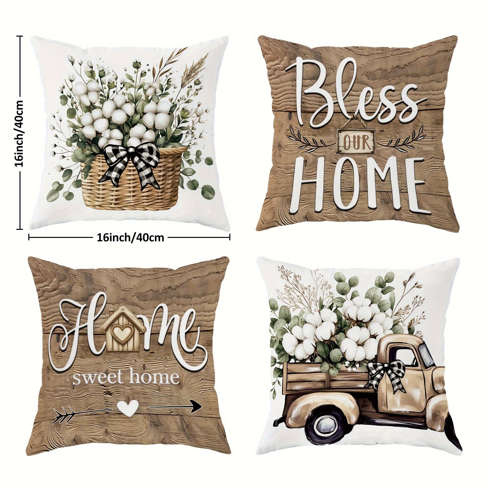 4pcs Rustic Farmhouse Pillow Covers - Double-Sided Printed Soft Plush with Zipper Closure, Machine Washable, Multiple Sizes for Living Room, Bedroom, Sofa Decor, Decorative Pillows, Cozy Home Styling, Geometric Pattern, Durable Fabric, Accent Cushions,