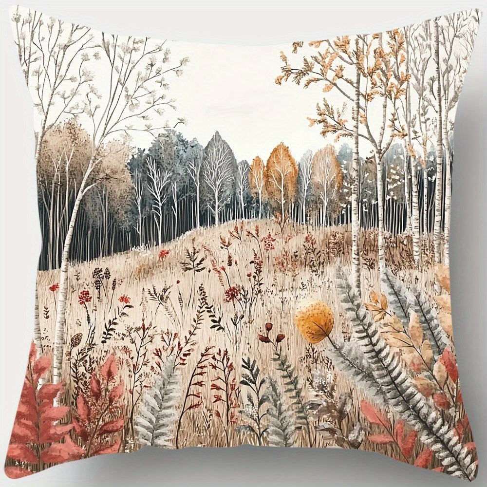 4pcs Autumn Jungle Landscape Printed Pillow Covers - Double-Sided Polyester Zipper Covers with Vibrant Fall Foliage Design, Machine Washable for Living Room, Bedroom, Sofa Decor (Pillows Not Included), Decorative Pillows, Bedroom Accessories,