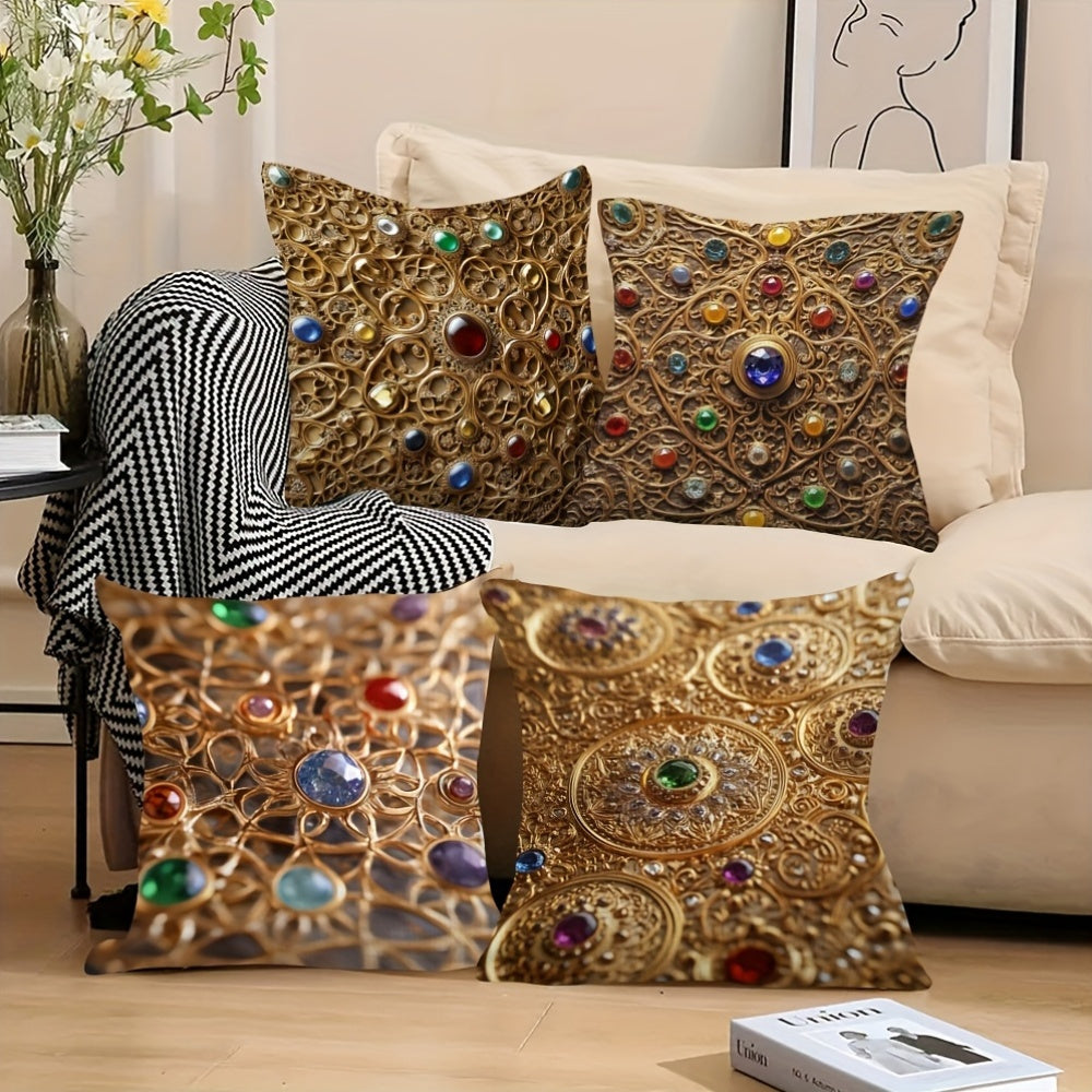 4pcs Persian Gemstone Filigree Polyester Pillow Covers - High-Quality 2D Double-Sided Print, No Tassels or Embroidery, Hidden Zipper, Soft & Durable for Living Room, Couch, or Bedroom Decor, Couch Decor | Elegant Pillow Covers | Smooth Texture