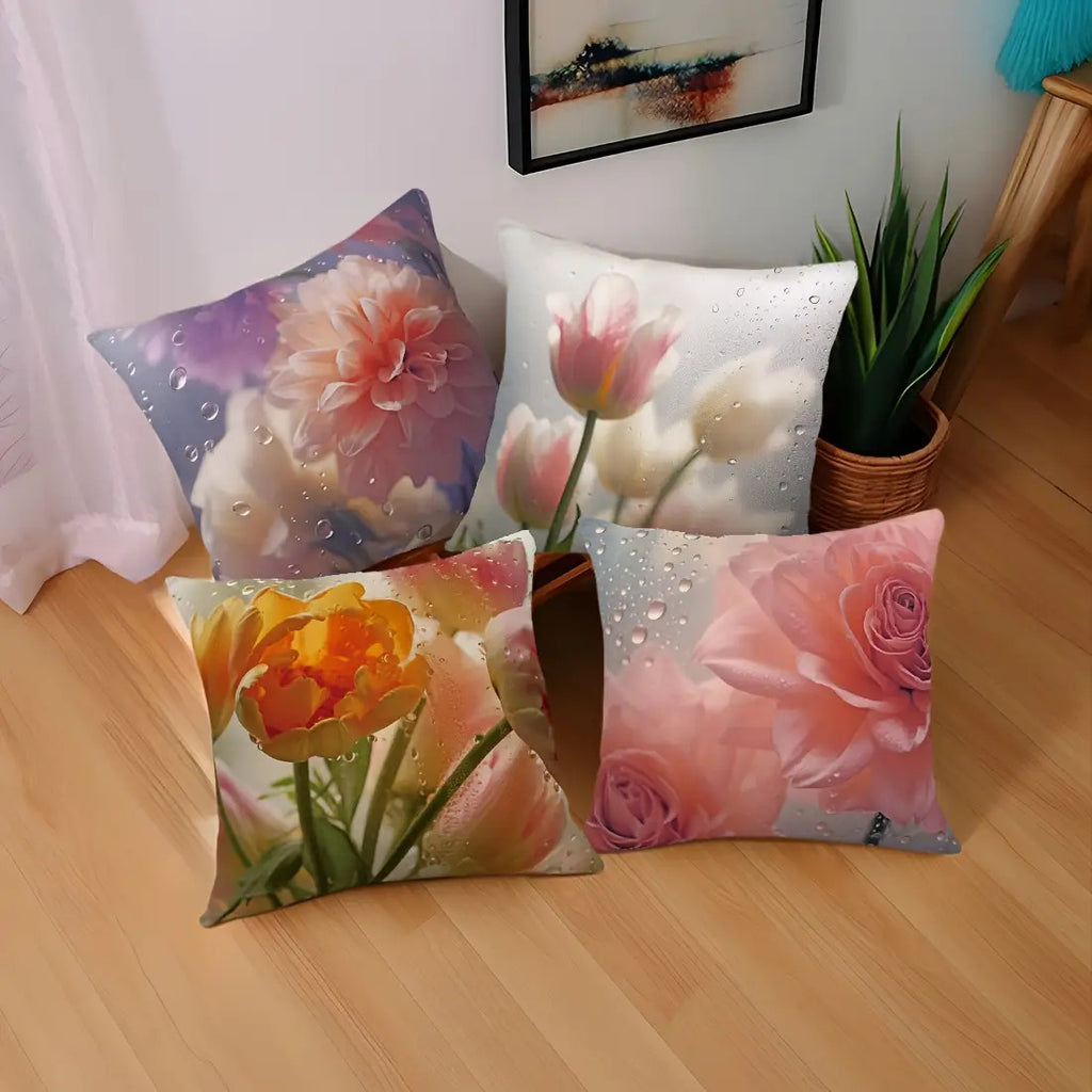 4pcs 17.72X 17.72Inch After The Rain Glass Flower Peach Skin Pillow Four-Piece Set Car Cushion Cover Living Room Sofa Bedroom Pillow Bedside Backrest Pillowcase Home Decoration Pillow Coreless Double-Sided Printing